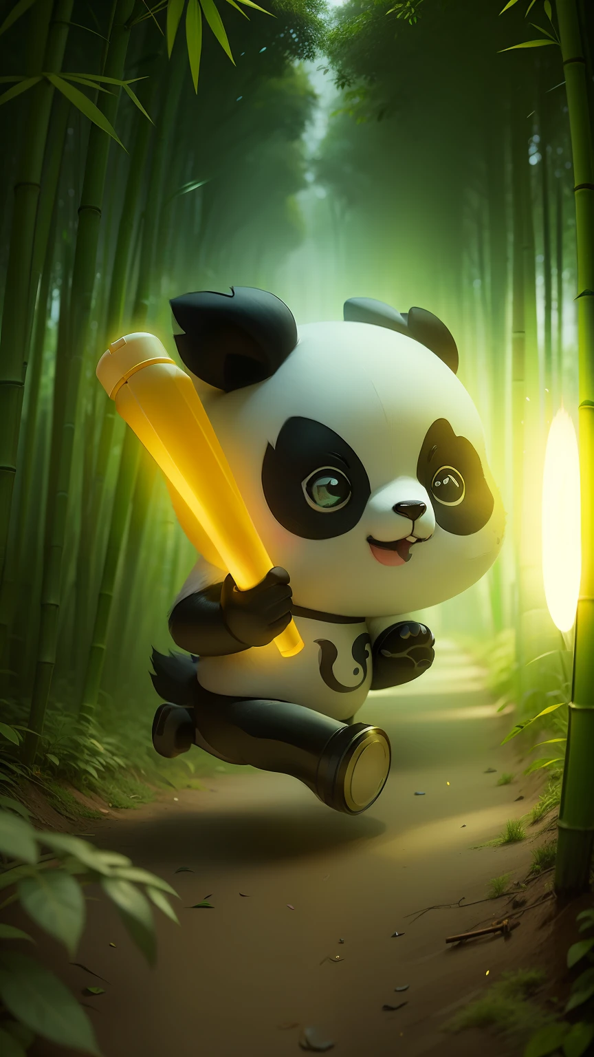 A panda running on the ground with a torch,The background is a bamboo forest,depth of fields,Shunguang,Horizontal light,C4D,Octane renderer,Three-dimensional effects,Rich texture,Rich light and shadow,rich details