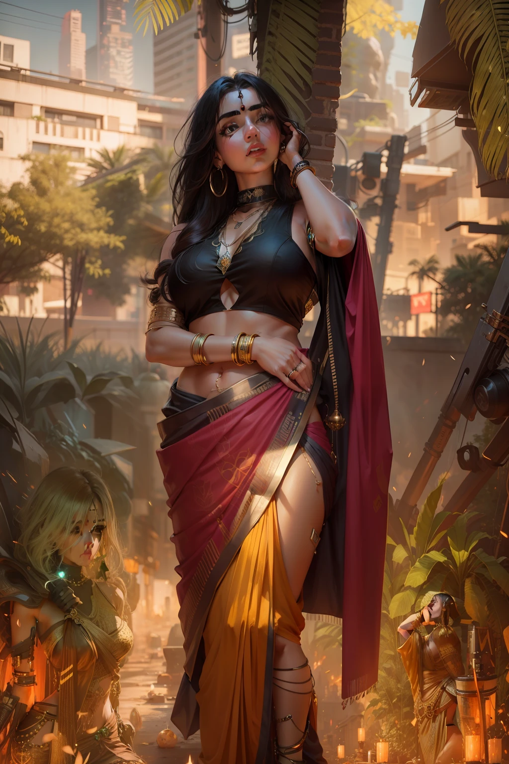 change background cyberpunk bangle beautiful girl, wearing saree, Ultra realistic, 8k