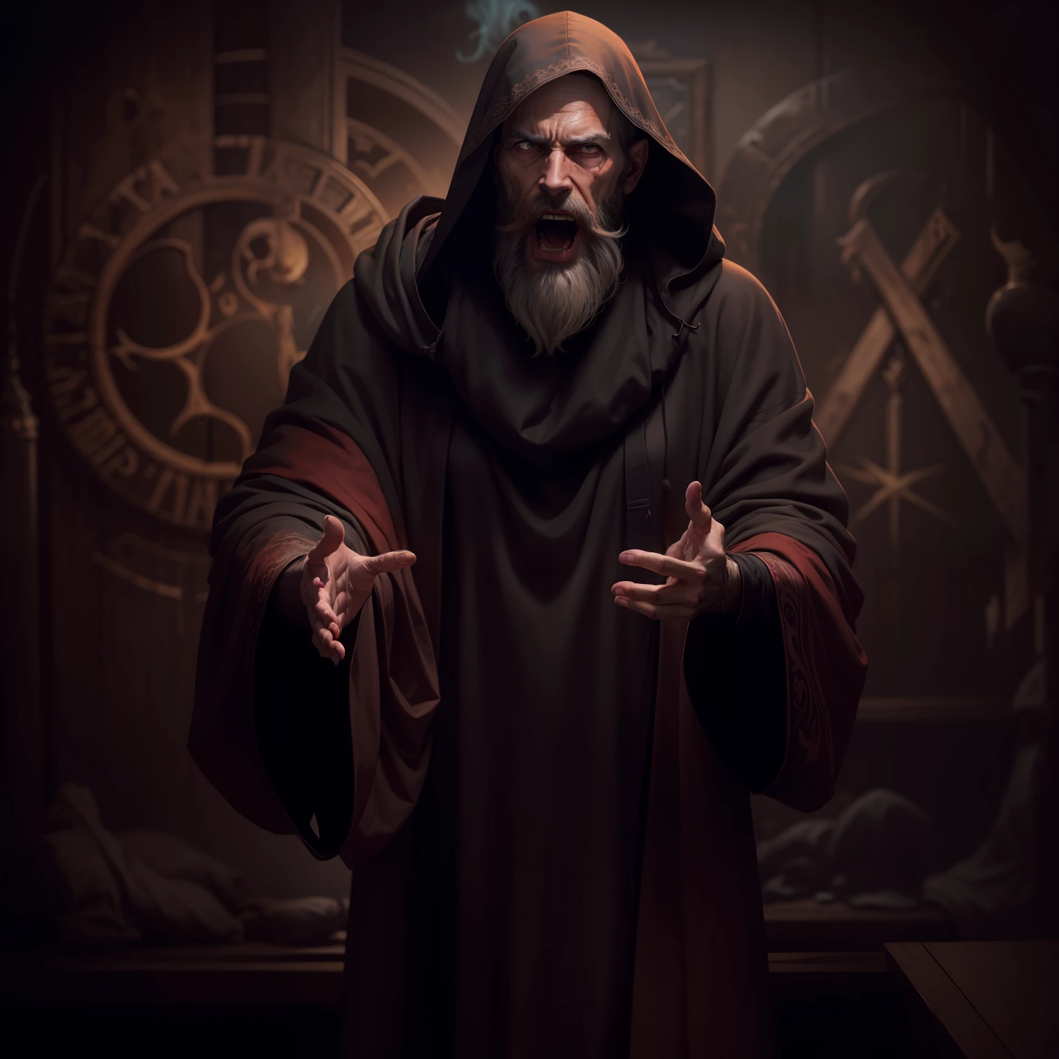 realistic and detailed image of a mysterious man, 45 years old, long beard on his face, thin, dressed in a rustic robe with a hood over his head, screaming desperately in a dark and diabolical room, with arcane symbols painted on the walls