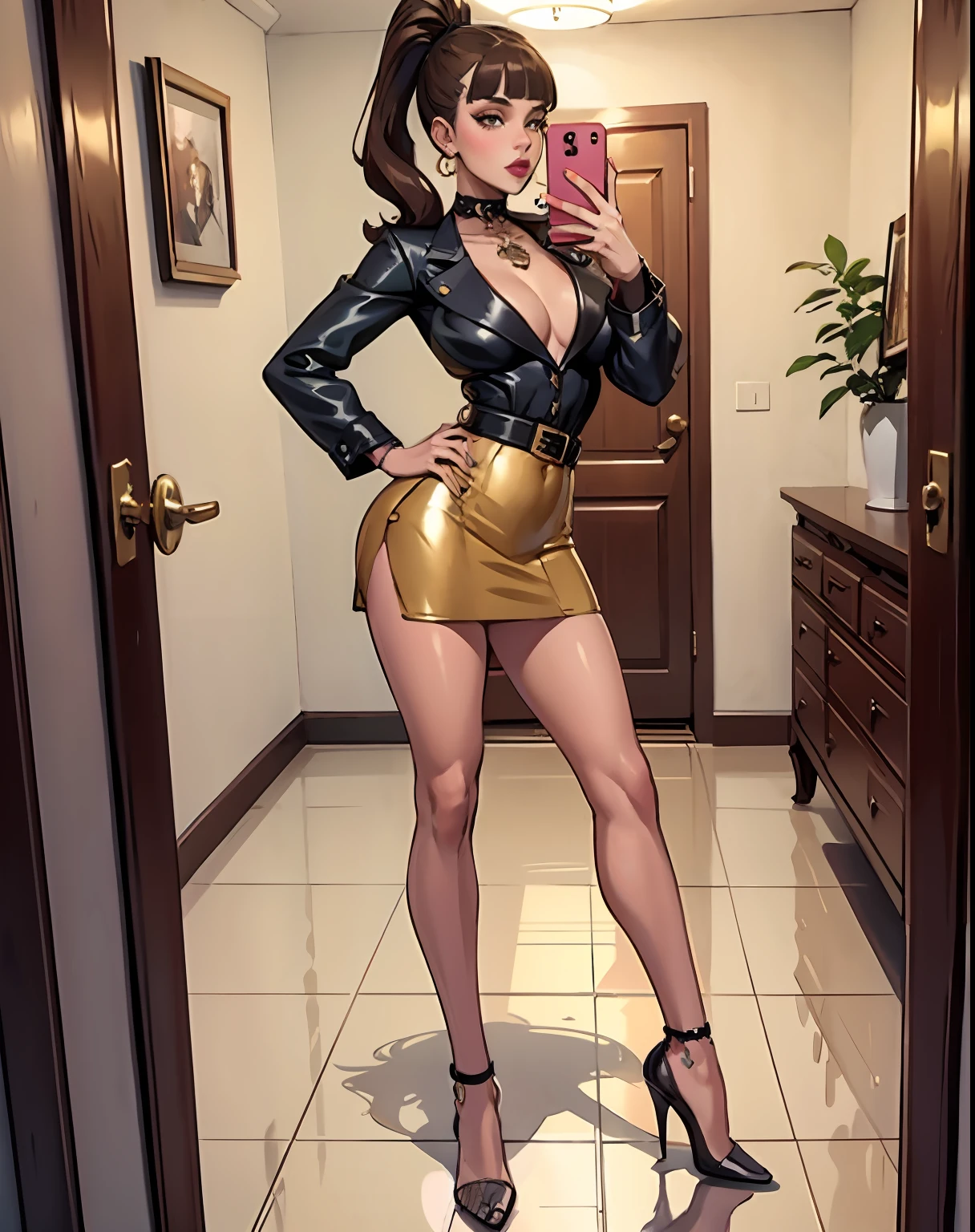 there is a woman taking a picture of herself in a mirror,brown hair very sexy outfit, full body length shot, full body in view, sexy outfit, doja cat, 👁🌹👾, mid body shot, charli bowater, dua lipa, shot from the side, full length shot,two piece dress,golden top,golden mini skirt,naval, bellybutton piercing,slutty pose