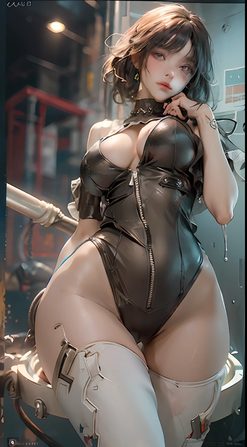 ((best qualtiy)), ((tmasterpiece)), (the detail:1.4), 3D, A beautiful cyberpunk female image,HDR（HighDynamicRange）,Ray traching,NVIDIA RTX,Super-Resolution,Unreal 5,Subsurface scattering、PBR Texture、post-proces、Anisotropy Filtering、depth of fields、maximum definition and sharpness、Many-Layer Textures、Albedo e mapas Speculares、Surface Coloring、Accurate simulation of light-material interactions、perfectly proportions、Octane Render、Two-colored light、largeaperture、Low ISO、White balance、the rule of thirds、8K RAW、finely quality eyes，Fine face，Fine eye quality，（delight，Be red in the face），gigantic cleavage breasts，Raised ，Get wet all over your body，Pose with your hips facing you，cleavage