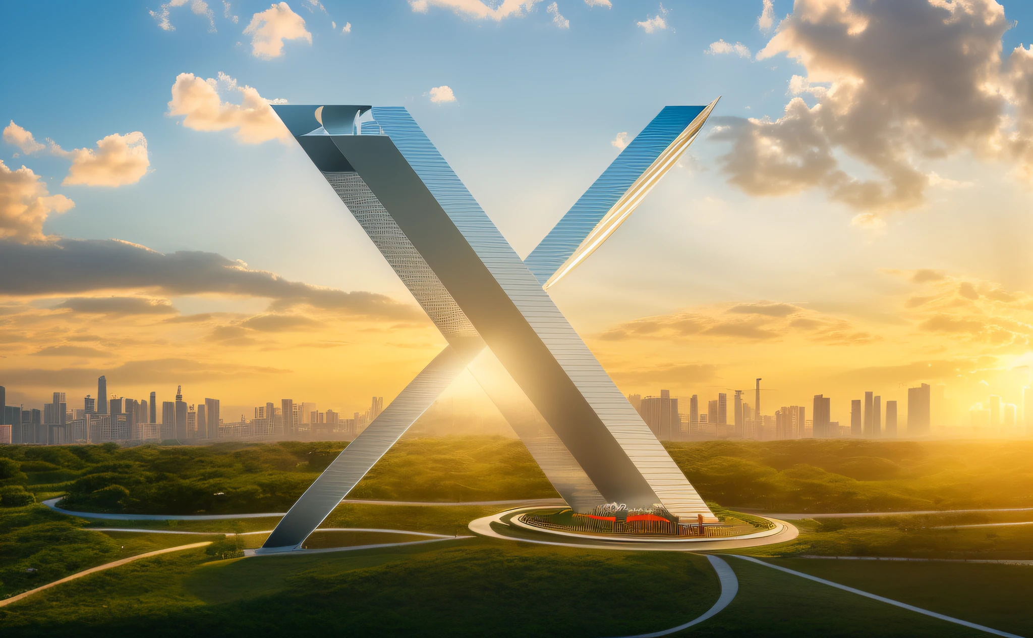 ((logotipo da letra X de tijolinhos, A monumental architectural sculpture of the modern park)), obra inspirado em oscar niemeyer, (imagem hiperrealista:1.2), in a futuristic setting of a city.