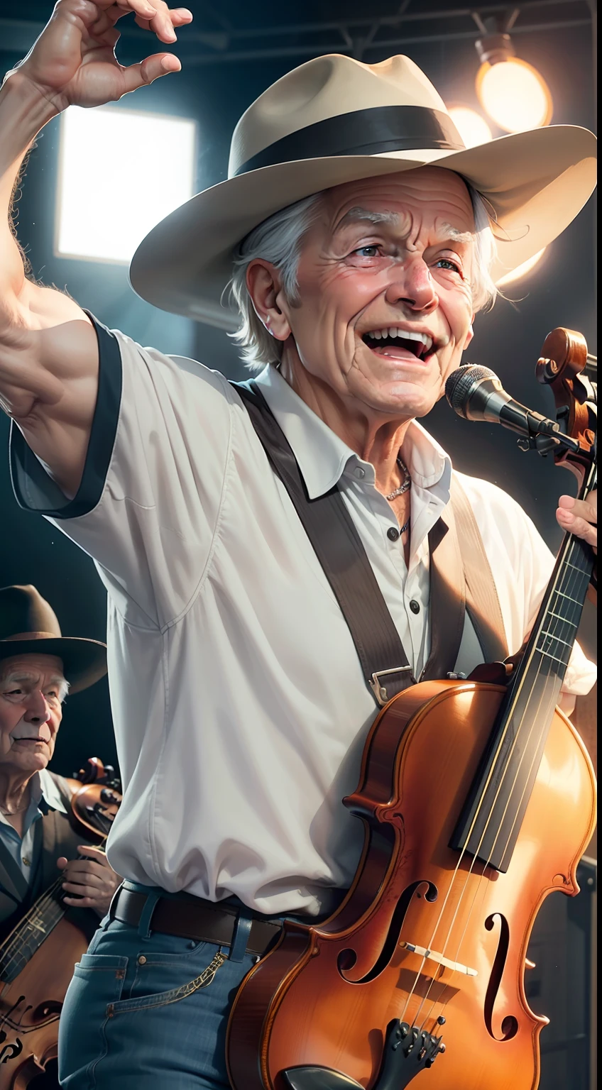Imagine an elderly and energetic male country singer, com um sorriso contagiante no rosto, playing a viola with such passion that its notes seem to dance in the air, envolvendo a todos em um clima de festa.