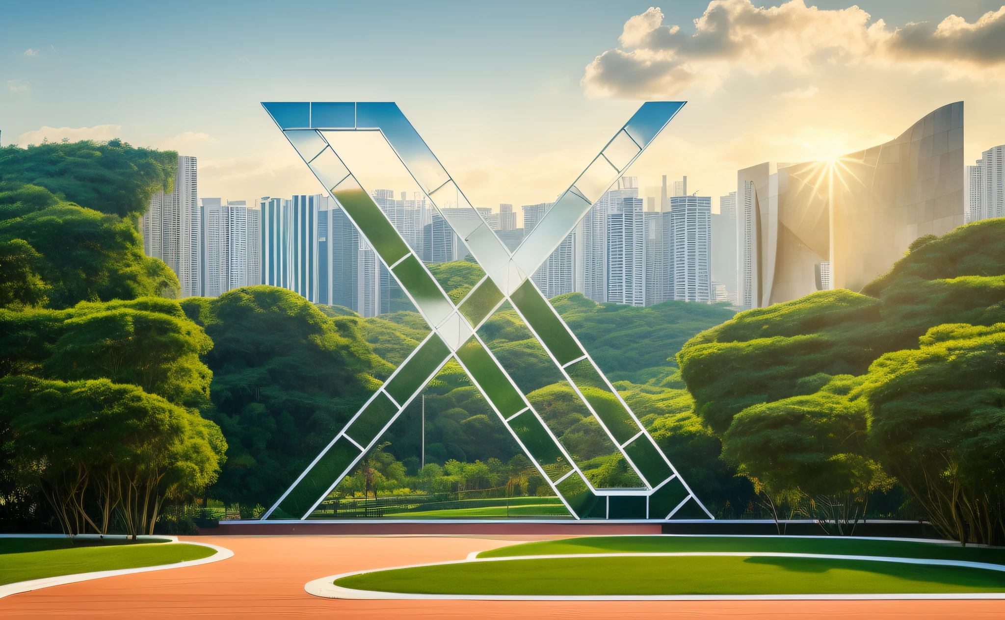 ((logotipo da letra X de tijolinhos, A monumental architectural sculpture of the modern park)), obra inspirado em oscar niemeyer, (imagem hiperrealista:1.2), in a futuristic setting of a city.