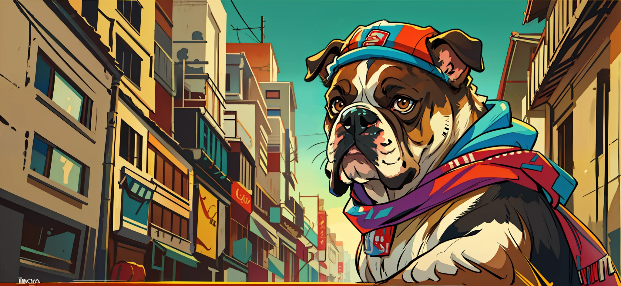 painting of a bulldog dog wearing a scarf and a hat, mascote bulldog estilo nba, stylized digital illustration, detailed game art illustration, Game Illustration, arte digital hiper detalhada, em estilo de ultra realista, detailed digital illustration, gta estilo de arte, retrato de ultra realista, arte digital ultra detalhada, arte digital detalhada, in illustration style digital, retrato detalhado