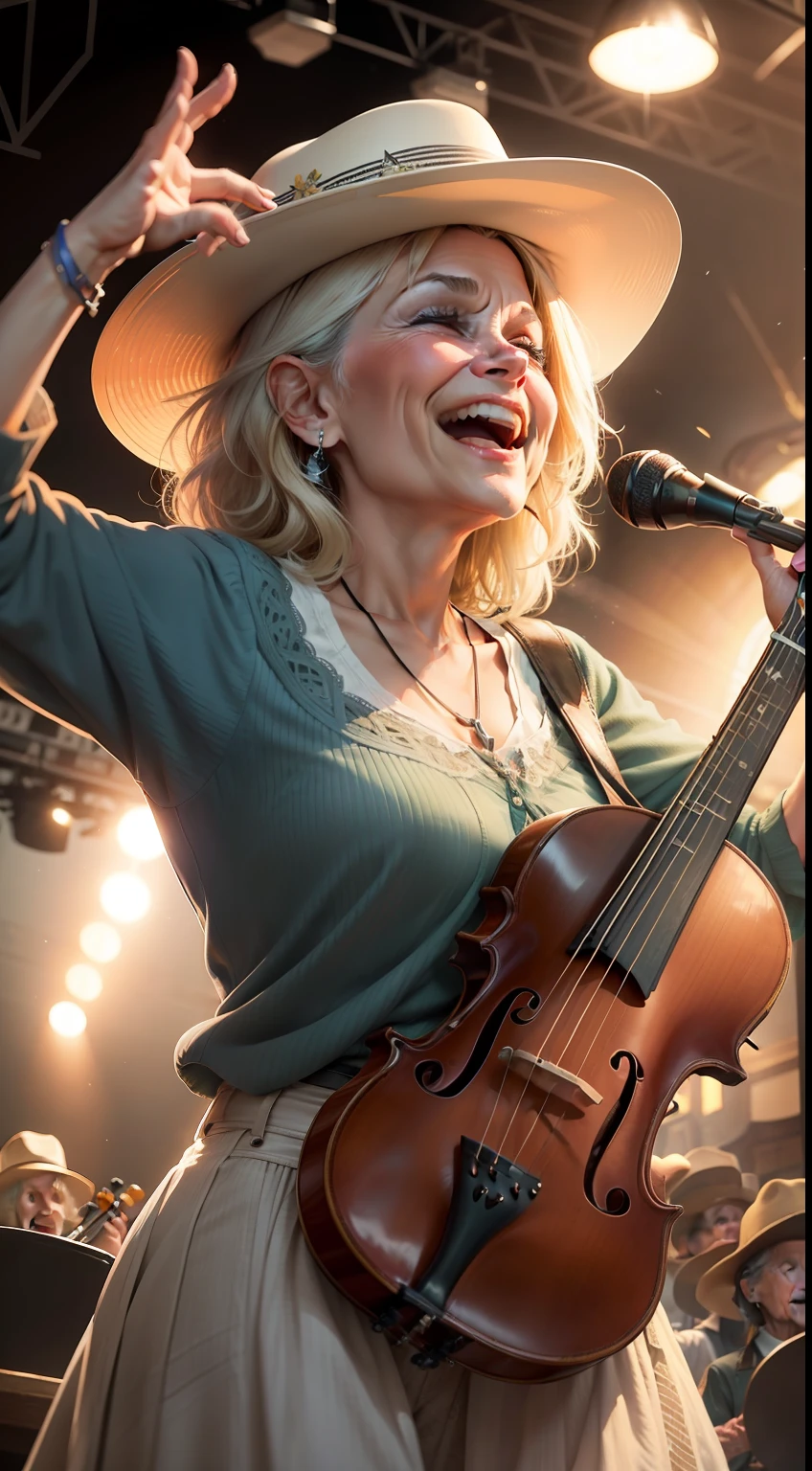 Imagine an elderly country singer, charismatic and charged with energy;, com um sorriso contagiante no rosto, playing a viola with such passion that its notes seem to dance in the air, envolvendo a todos em um clima de festa.