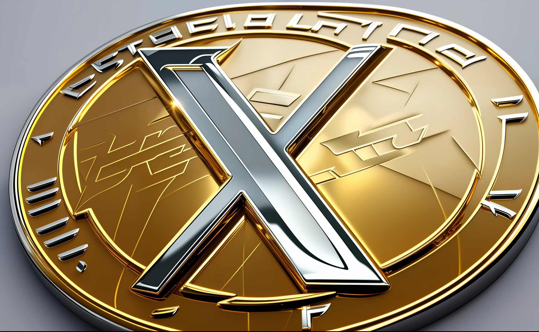 Adesivo de um (Ultra realistic chrome tesla symbol in X letter shape), imagem hiperrealista de x (((Logotipo X))), ultra realista, Logotipo X)), com Fundo preto branco, ((qualidade ultra, UHD)). Coat of arms shield chromed with gold;