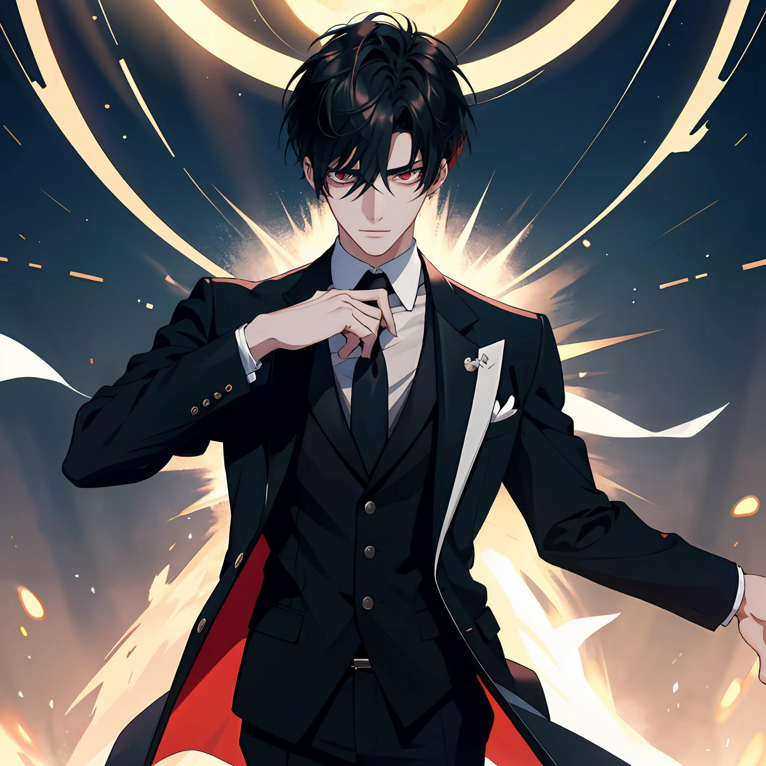 tmasterpiece,best qualtiy,1boys,Handsome,with short black hair,Red pupils,White gold tunic,Business suit ,Best light and shadow,eventide,Details sunshine,Open-mouthed,magia,streamer,(full bodyesbian),Dark skies,nigth ,火焰,salama,Extremely detailed CG unified 8K wallpaper,Complicated details,