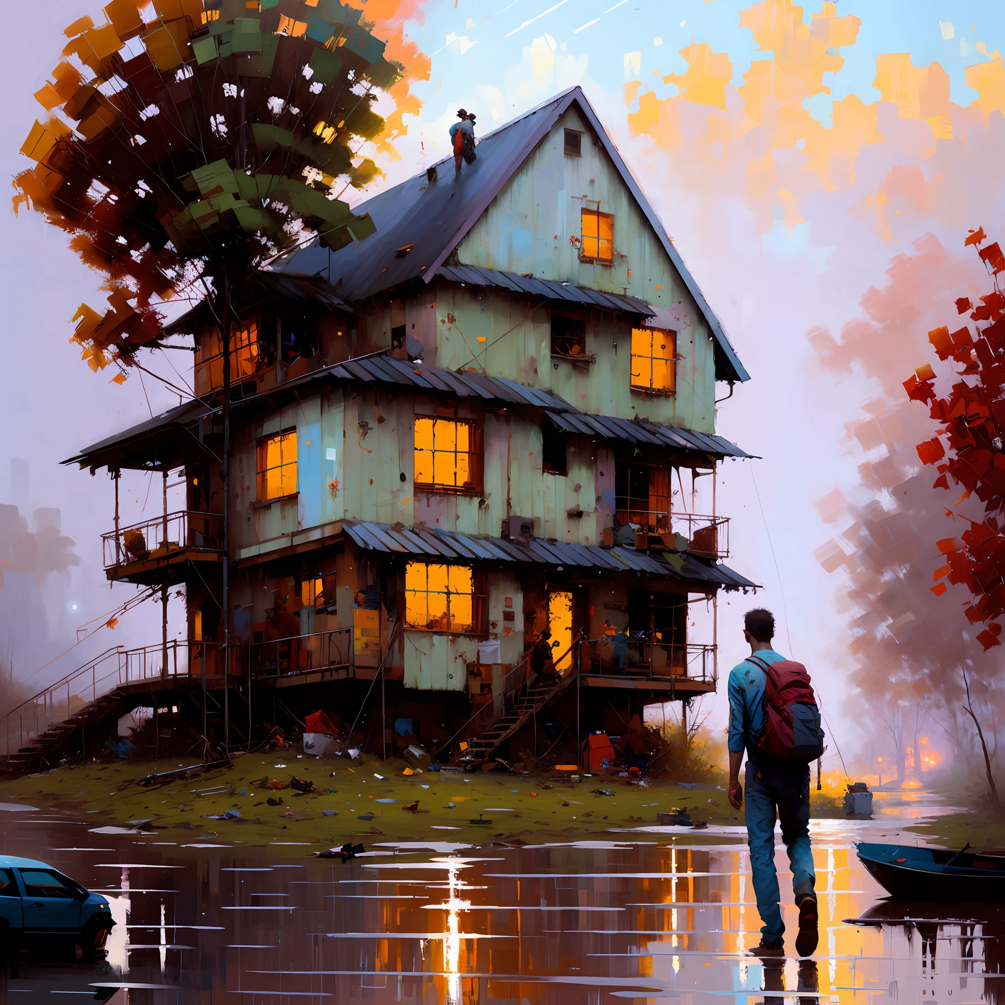 pintura de um homem em frente a uma casa com um fogo ao fundo, Stefan Koidl inspirado, Ryan Hewett, Stefan Koidl, Directed by: Thomas Wijck, Casa em chamas, Bussiere Rutkowski Andreas Rocha, Amor Brett, casas em chamas, inspirado em Ismail Inceoglu, pintura triste emocional, Pino Daeni e Dan Mumford