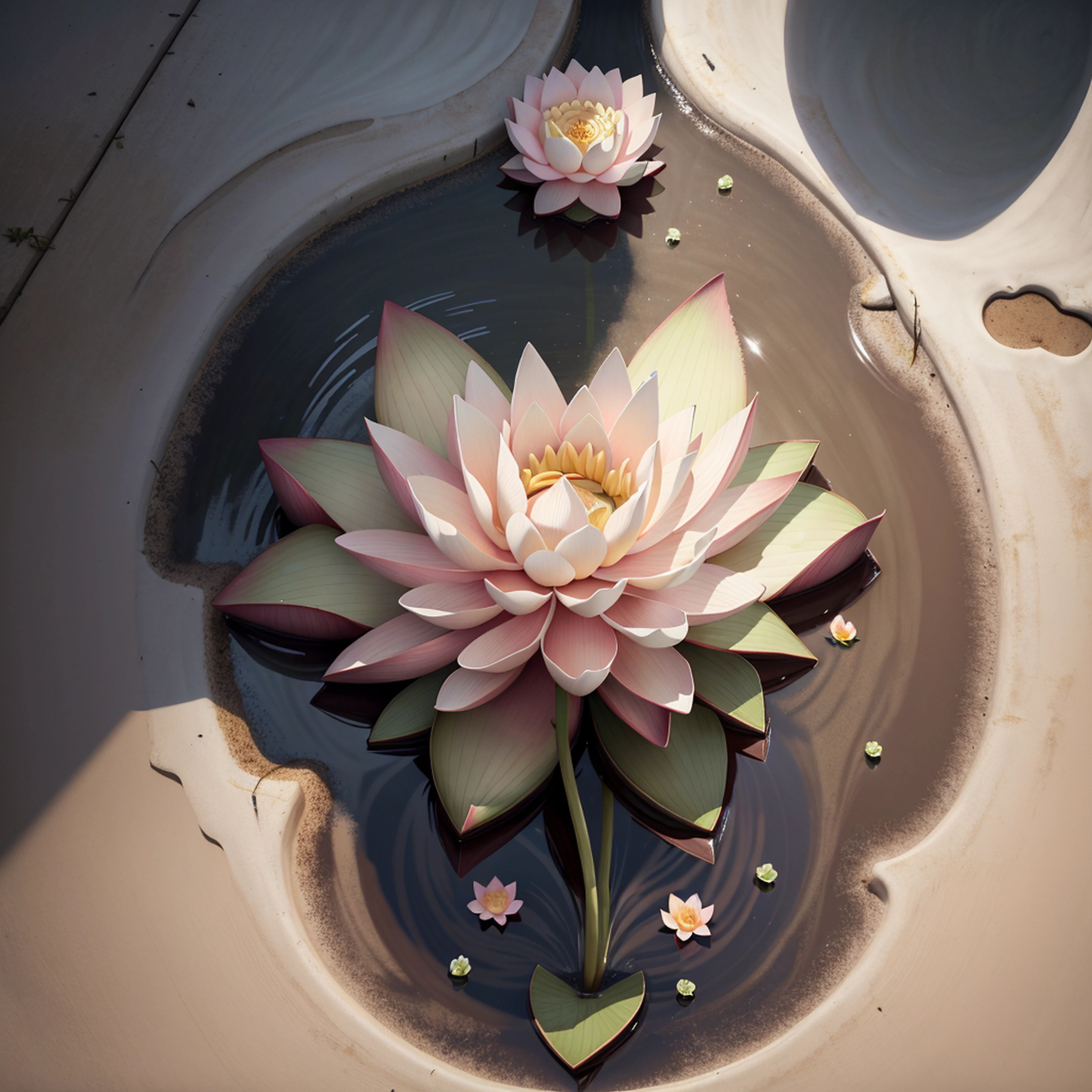 There is a pink flower in a bowl of water, 3 d render stylized, 3d rendering stylized, stylized as a 3d rendering, lotus flowers, lotuses, Lotus Flower, with lotus flowers, lotus petals, sitting on a lotus flower, 3D estilizado, pintura estilizada, cena detalhada, lotuses, lotus flowers on the water, FLOR VERMELHA, FLOR DE SANGUE, PETULAS VERMELHAS