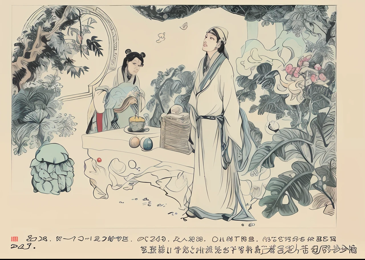 A painting of a man and woman in the garden with a bird, yiqiang and shurakrgt, ren xun and maruyama ōkyo, ruan jia and arthur rackham, author:Guan Daosheng, author:Ji Yunfei, author:Cloud Shouping, by Xuande Emperor, author:Qu Leilei, Inspired by Seki Dosheng