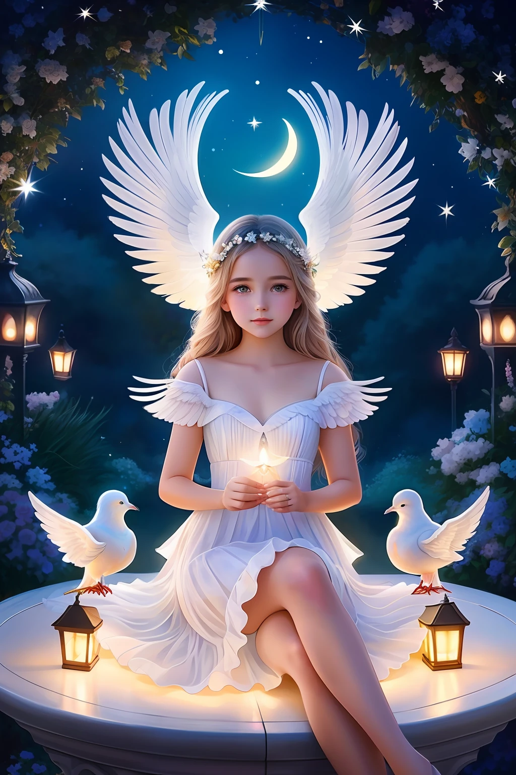there is a woman that is sitting down on a bench,There is a dove of peace and a dove of peace,of an beautiful angel girl, beautiful angel, Girl with angel wings, beautiful angel, Ethereal fantasy, beautiful female angel, Fantasy art Behance, angel girl, Portrait of a beautiful angel, digital art fantasy art, digital art fantasy, beautiful angel girl portrait, winged girl angel, glowing angelic being,Holding a star in his hand