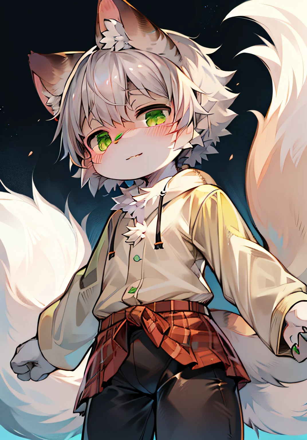 (Bright environment:0.2),masterpiece,high quality,abstract res,digital painting\(artwork\), by dagasi, yupa,kiyosan,(anthro,fluffy fur,character focus:1.1),anthro male cat,short hair,portrait , eyes with brightness, in a panoramic view, Character focus.(detailedbackground:0.7), 独奏, shaggy, adolable,shaggy male, (Full Body Furry, Fluffy tail, White fur, Green eyes, Gray hair:1.2), (Feline 1.2)