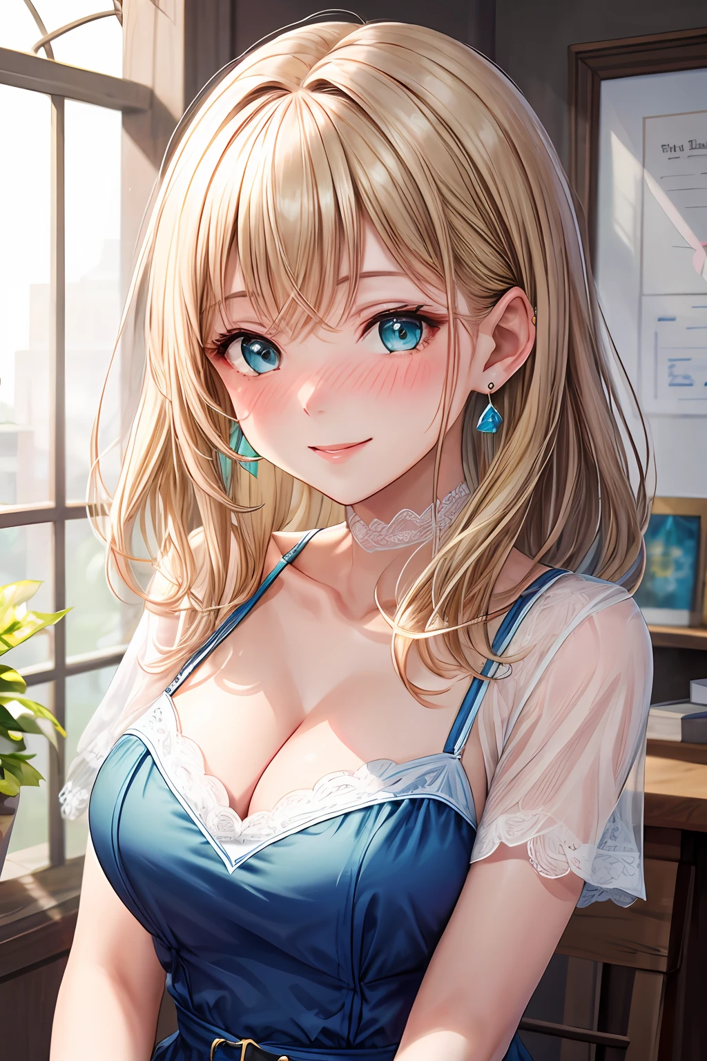 masterpiece, best quality, 1 girl, Olivia, blonde hair, aqua eyes, medium hair, blue dress with white lace, large breasts, blush, light smile, Sexual arousal, nose blush, pink
earrings