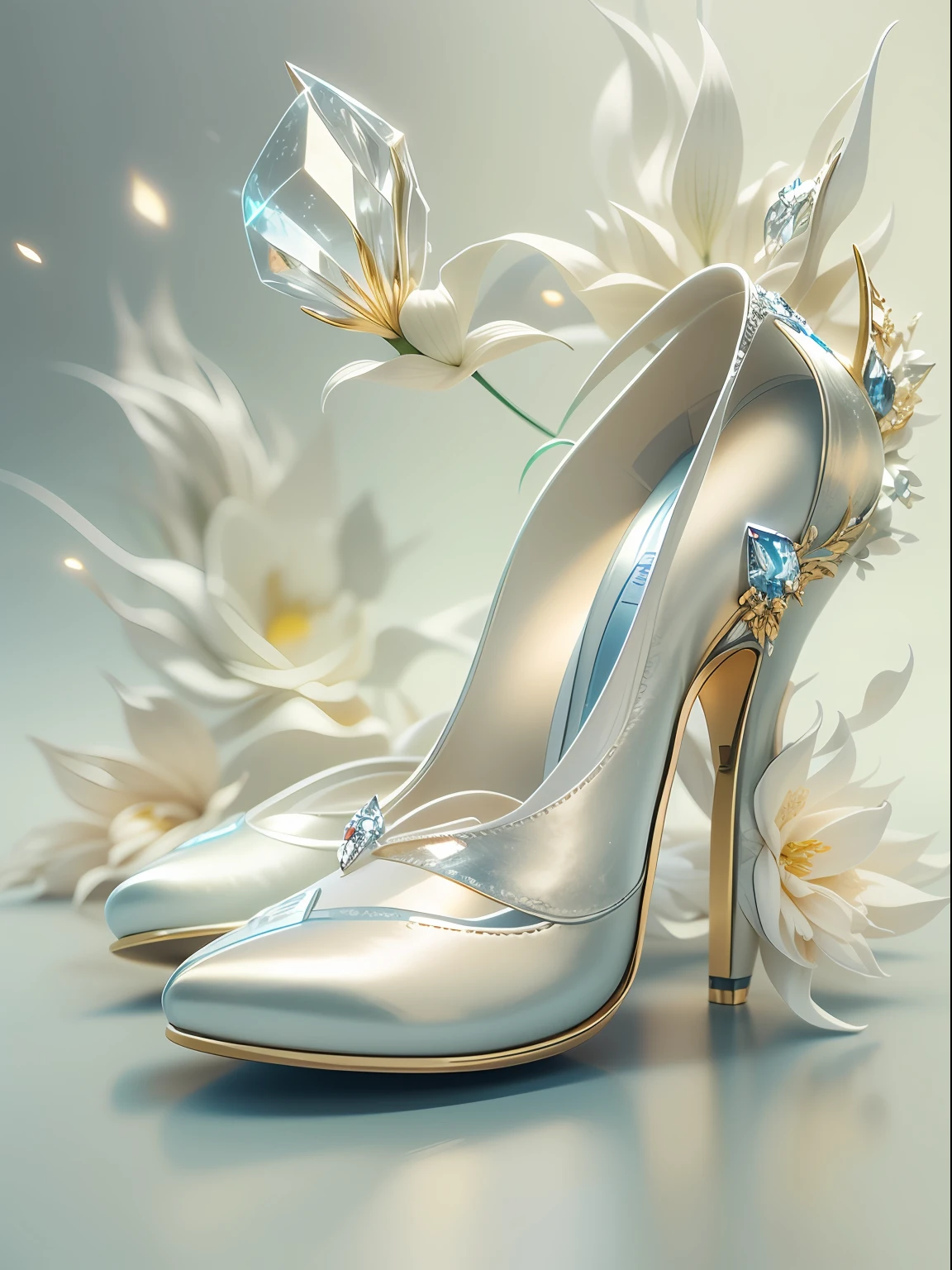 A pair of crystal high heels emanated(((White-gold particle effects:1.3))),Complicated details,diamond,Sparkling, fanciful, Noble and elegant,streamline,Layered,(((Do not distort and deform:1.3))), Gorgeous and colorful,,Dreamy flowers,Amazing photography, dramatic lighting, photo-realism, super-fine,Ultra photo realsisim,8k, depth of fields, A high resolution,The toe of the shoe faces the camera,(The overall silhouette is centered:1.3),3D,C4D,octaneratingrendering,super high image quality