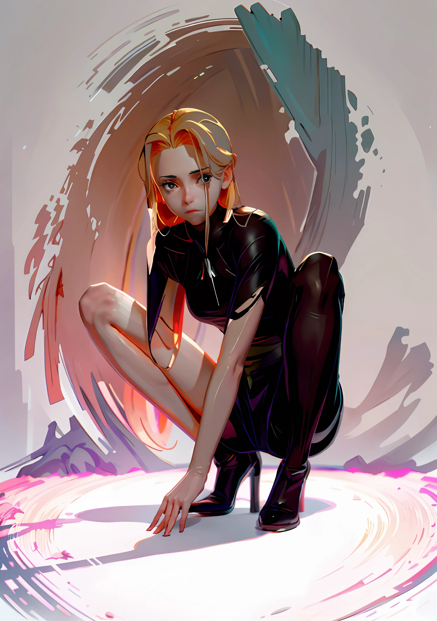 A woman kneels on the ground，Image of Aalfid with legs crossed, looking like annie leonhart, beautiful anime girl crouching, the anime girl is crouching, annie leonhart, Casual pose, High-quality fanart, Fully clothed. painting of sexy, creepy pose, high quality colorful sketch, Anime girl wearing black dress, neutral pose, badass posture