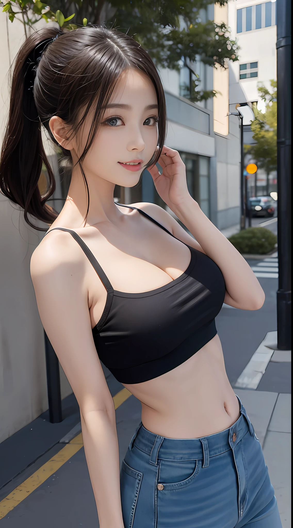 one-girl，On the playground after school，（（with whole body visible）），far from viewer。 She is a beauty，prette，adolable，adolable，年轻，age uncensored， She's slim，Slim，Petite，being thin，（smallunderboob）， （smallunderboob），She was sweating，Wet pubic hair，drenched all over the body，clothes see-through，Sweat on the skin，Wet hair。 She grinned，Laughing。She looks natural，unwind，Plain。 Scheming face，Grimacing，（Stick out her tongue），Tell a secret，Hide a secret，is shy，exhilarated。 She stared at the audience， She wears a black ponytail，she wears a school uniform，A rolled up white shirt with a blue collar，Wear a colored corduroy sports bra under the shirt，blue short pants，Wear two layers。 Shirtlift， The camera focuses on her face，light shining on face，Very large aperture，（（f/1.2）），with a shallow depth of field，The background lens is blurry strongly，ISO 3000，automatic white balance， extremely detaile，profesional lighting，the soft light，RAW photogr，Uniqlo fashion model， best qualtiy， tmasterpiece， Award-winning photography， hugefilesize， 8K， A high resolution， Shot on a Sony DSLR，（big breasts exposed cleavage）