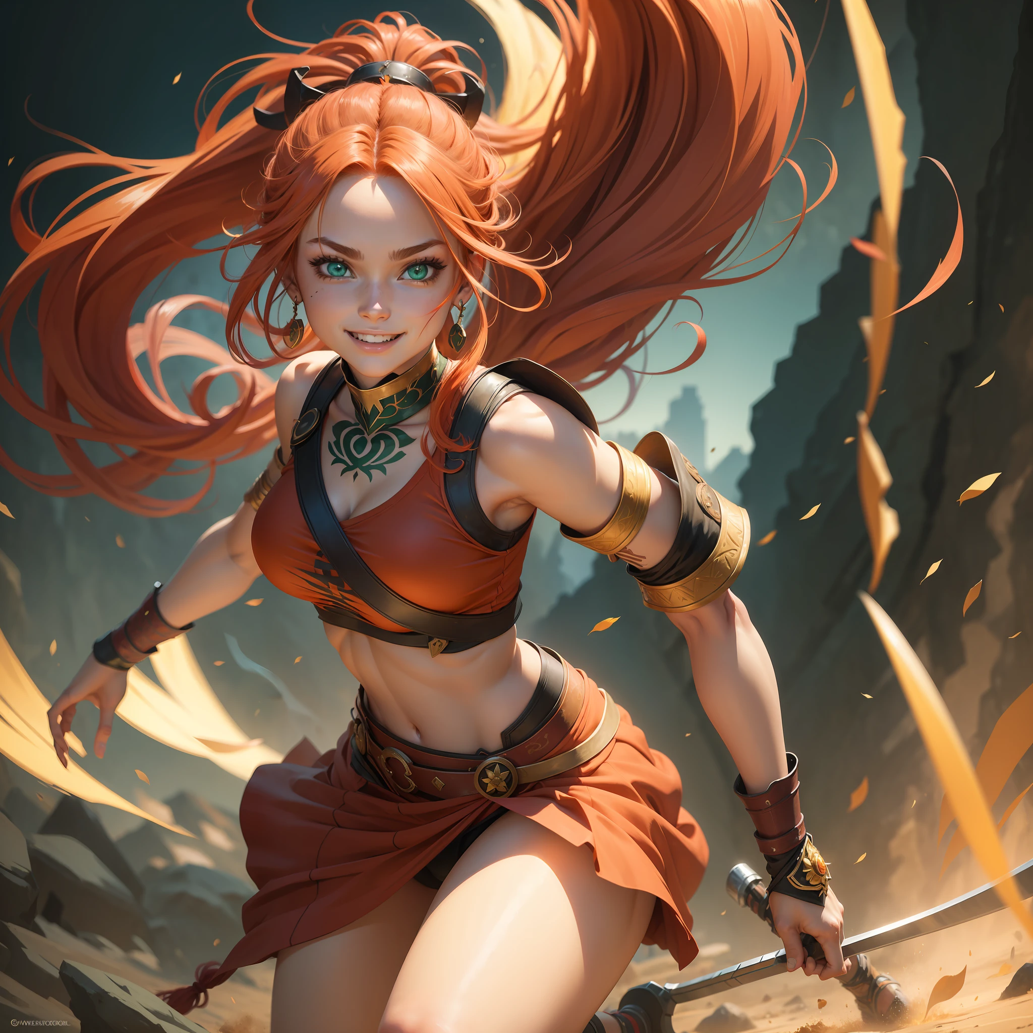 Warrior Girl, beautiful woman, beautiful colors, anime masterpiece, high quality, full body, Big Green eyes, Red long hair, ponytail, gorgeous stance, perfect face, close up, posing for the camera, bright colors, smiling
