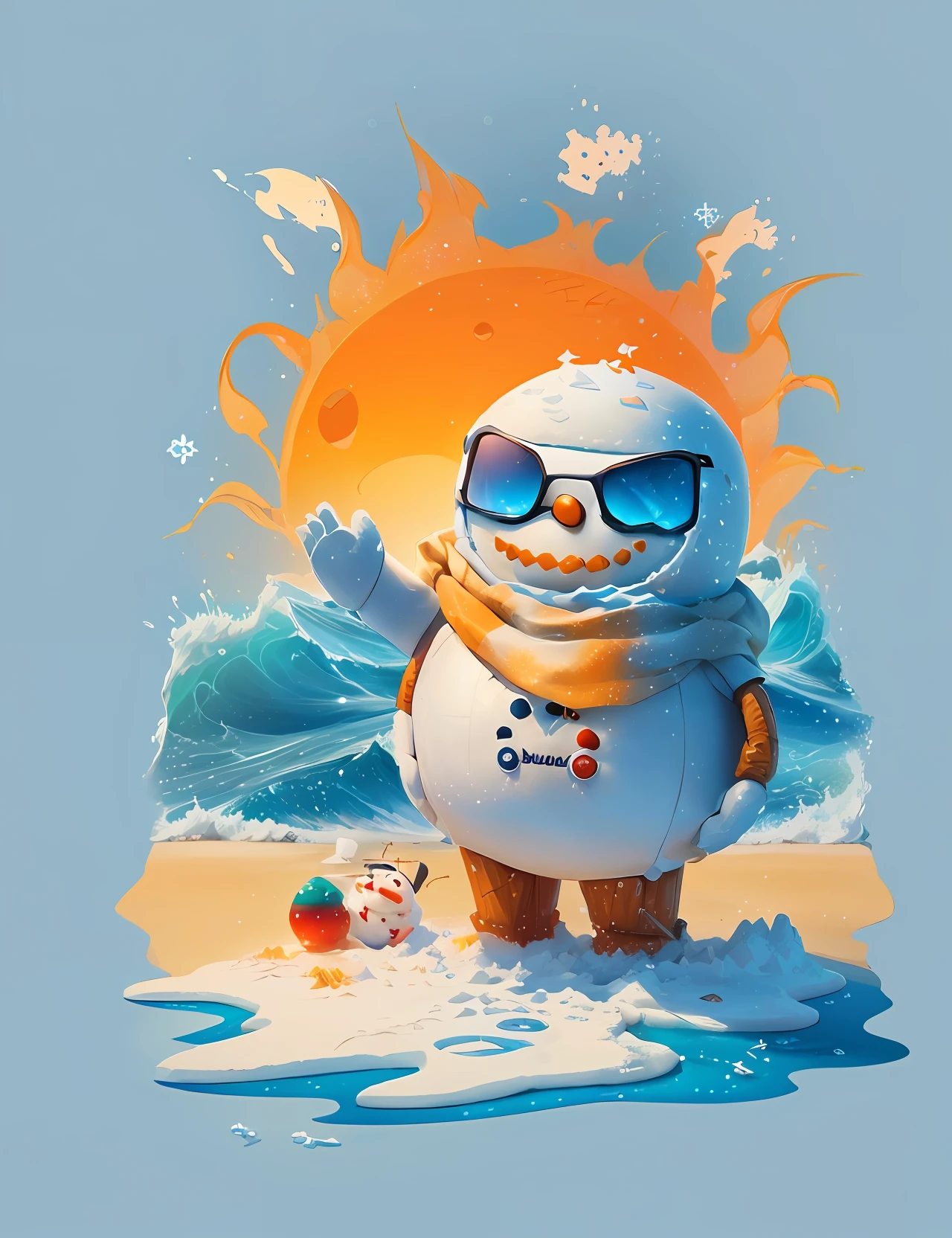 Cartoon snowman on the beach, Jen Bartel, Cyril Rolando et Goro Fujita, inspired by Cyril Rolando, inspired by Olaf Rude, cute detailed digital art, Dans le style de Cyril Rolando, glacial, froid, Dans le style de Baymax, official artwork, Photo de profil 1024px, Epic 3 D Omolu --auto