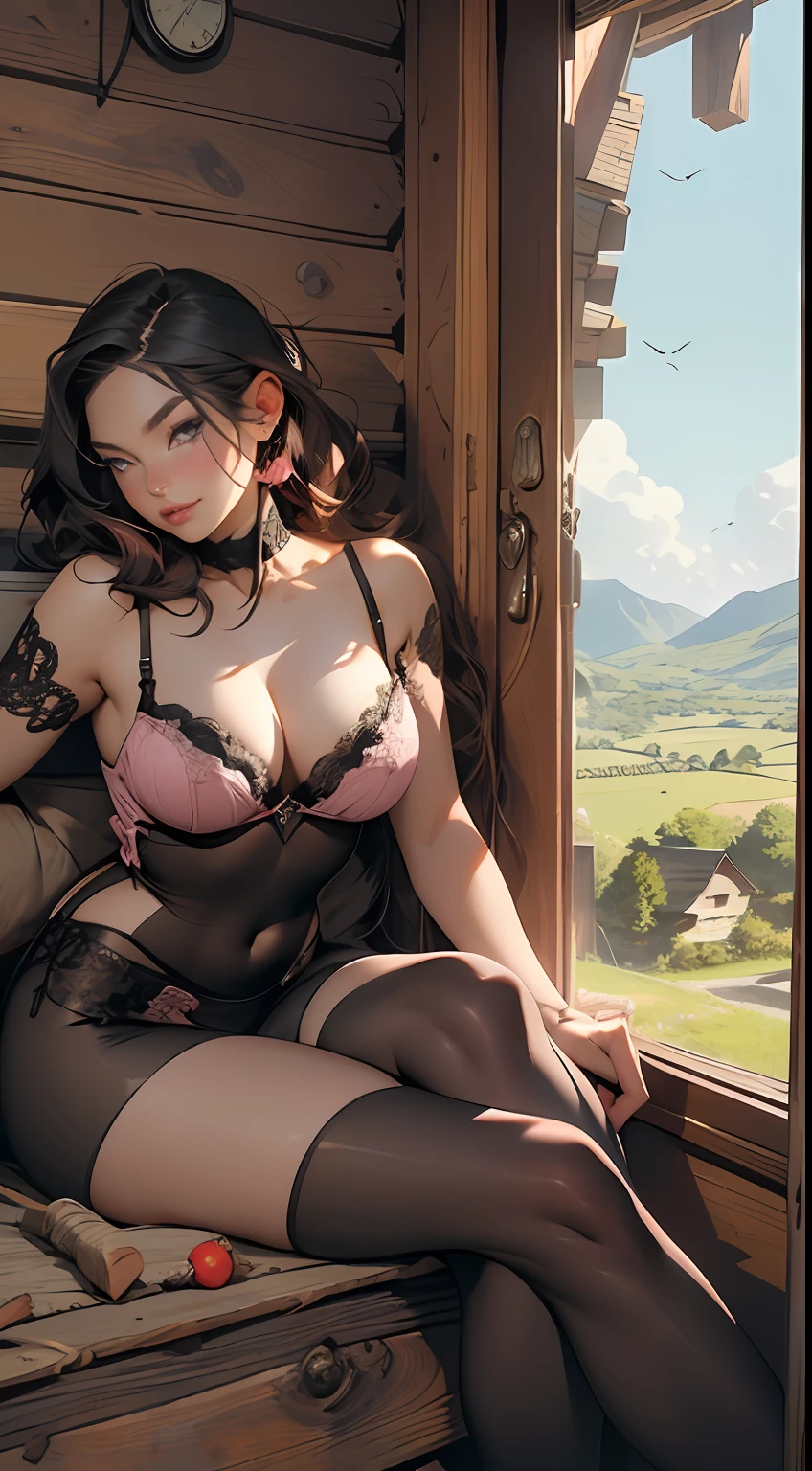 8k surreal, a close up of a woman in a pink lingerie on a porch, belle delphine, log cabin, gorgeous young model, beautful view, bum, old cabin, victoria siemer, panoramic view of girl, only one person in frame, velvet, the super hot and sexy, hotel, (masterpiece, award winning, sidelighting, (finely detailed beautiful eyes: 1.2), hdr, (off angle), ((analog style)), (photorealistic:1.4)