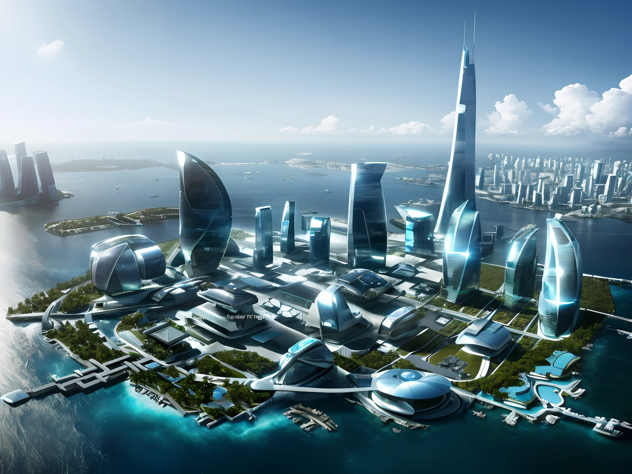 ((masterpiece, best quality)), 8k, Futuristic architectural style, photographrealistic, hyperedetailed photo, Clean skies, Ruined city, cyber punk perssonage, Artificial island,Overlooking,3d,城市