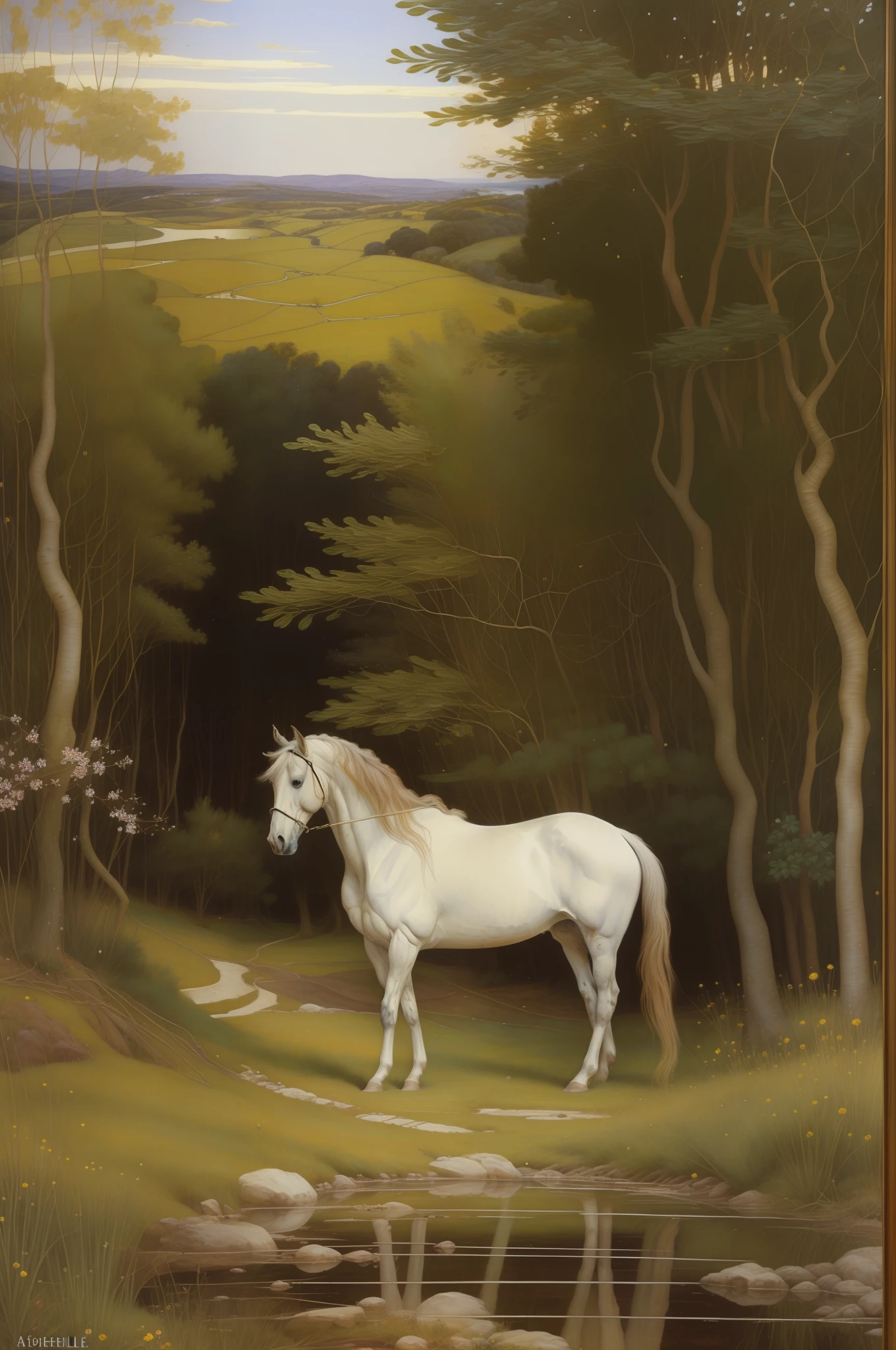 (((Pre Raphaelie Painting))) colina com tojos amarelos, muitas flores amarelas, arbustos amarelos, cavalo selvagem, colina encantada, ulex, cavalo, tojo, ulex