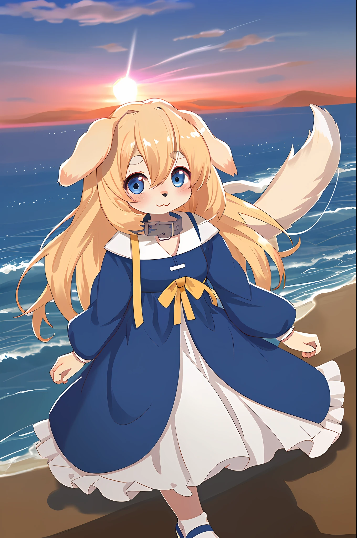 masterpiece, best quality, sfw, a cute dog girl, female child ,10 years old, blonde hair, flat chest, blue eyes, dog ears, dog tail, collar, sunset, solo, 1 girl, cute, dress, ****, dog girl,