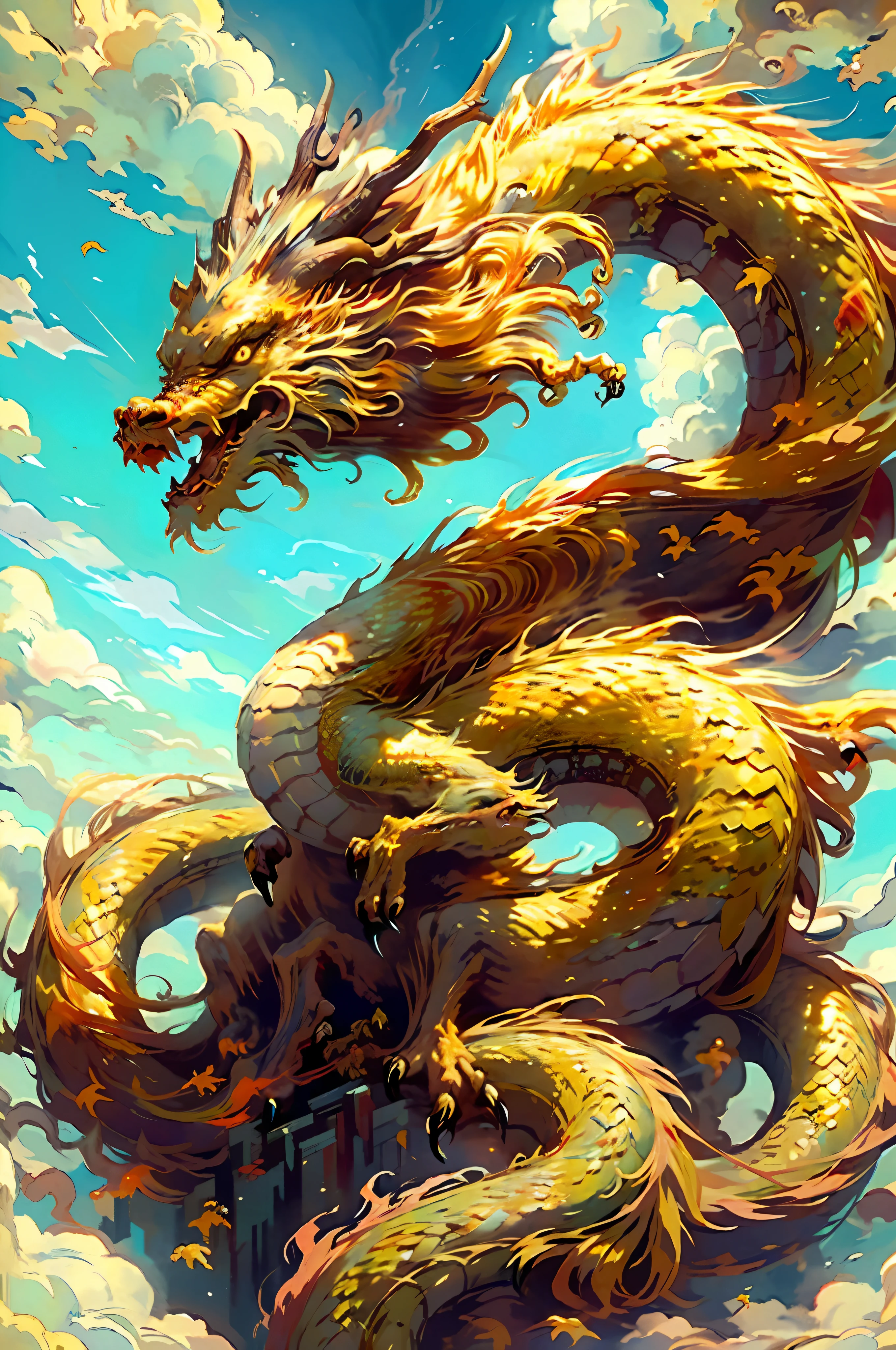 Q version, golden, best quality, masterpiece, super high resolution, no human, (length: 1.2), sky, yellow eyes, clouds, scales, oriental dragon, open mouth, sharp teeth, flying, horns, teeth, sky, claws, fangs, blue sky, spitting fire