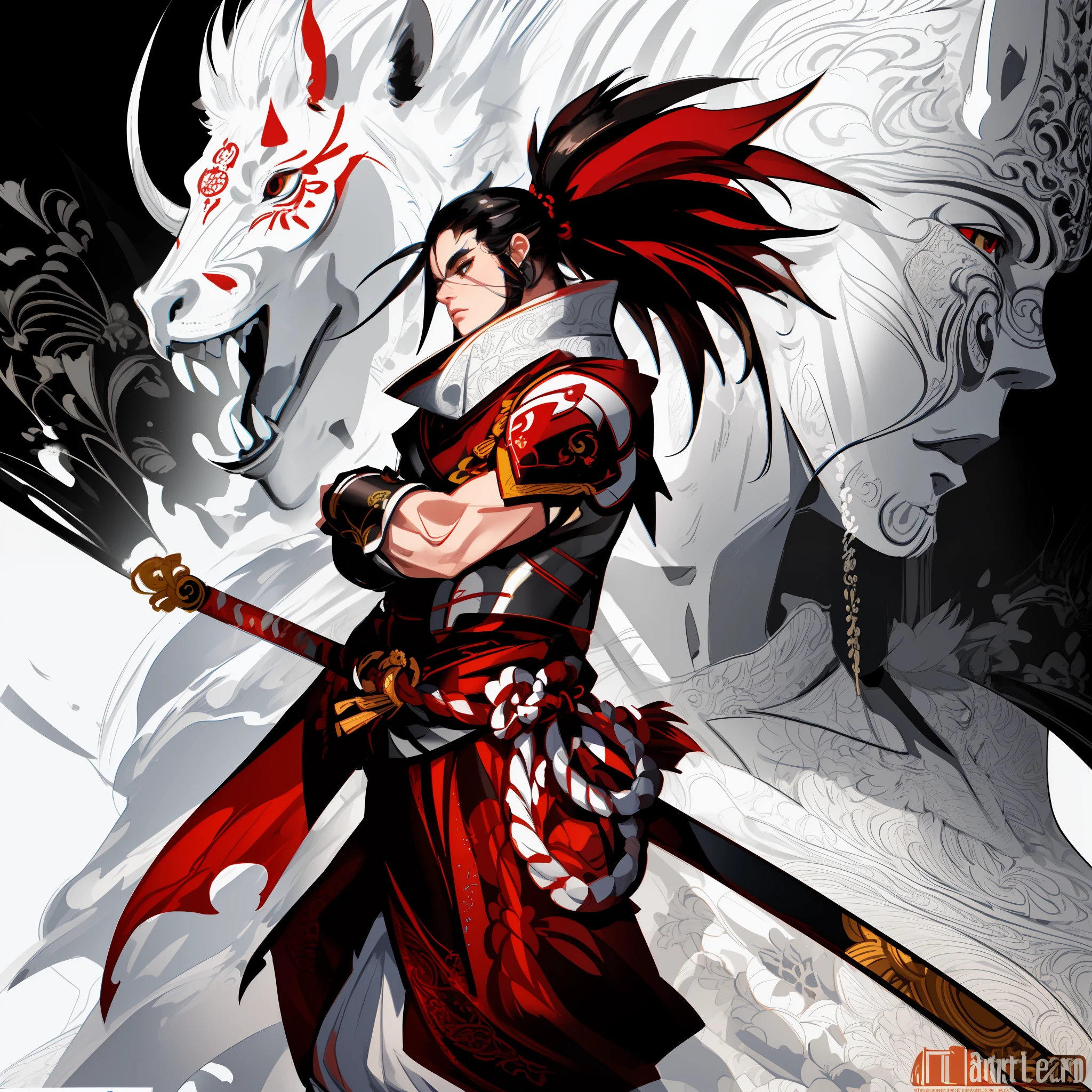 (masterpiece), a highly detailed stylized samurai, ultra detailed, 8k, ultra realistic and sharp detail and intricate, intricate details, and style, simple background illustration, white flat background, fully rendered, painted, in style of trending in artstation