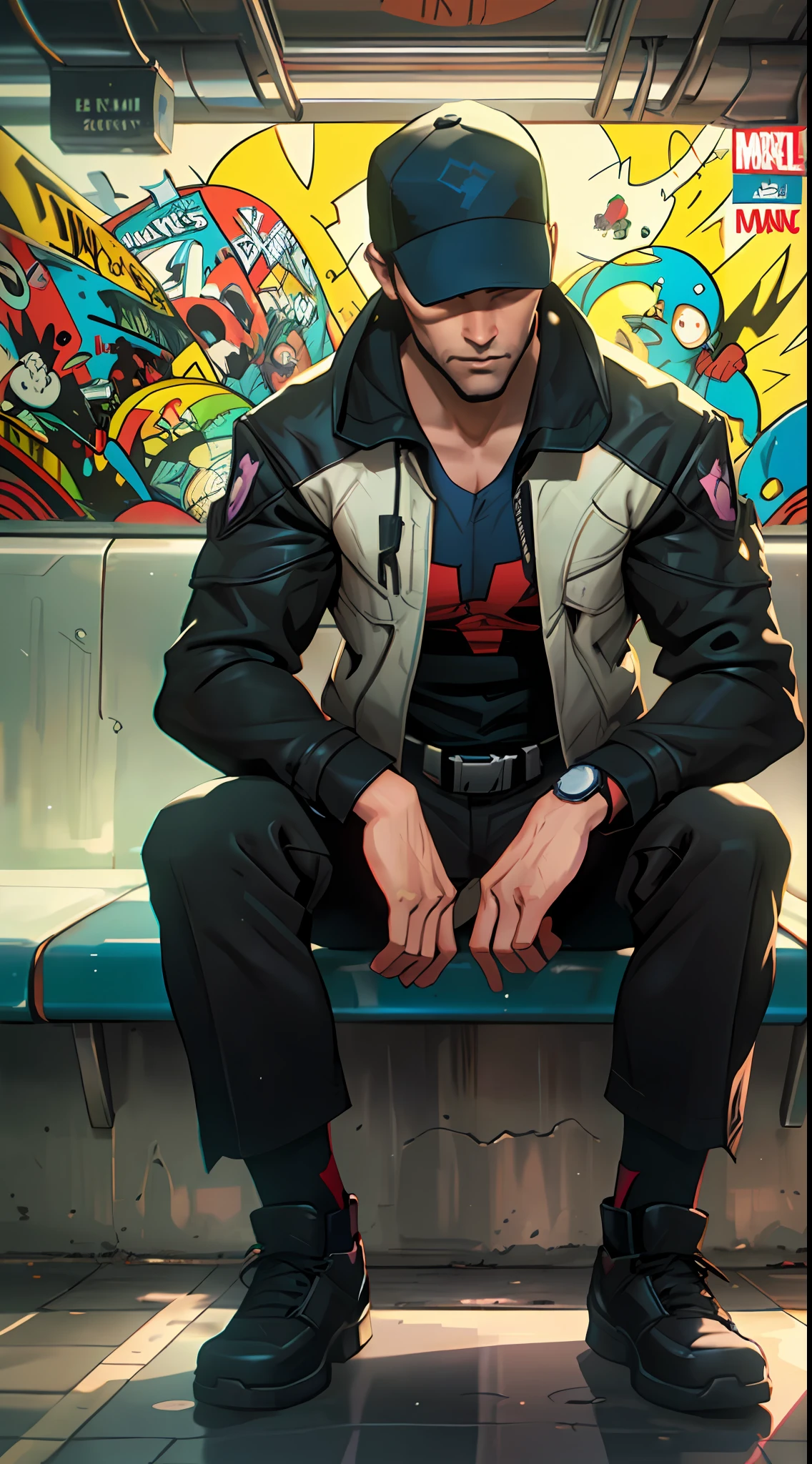 Aiden Pearce from Watch Dogs game, Watch Dogs, he is sitting on a bench in a subway station, (urbancore), digital art, (comic art), urban colors, (high contrast), (Marvel Comics), detailed