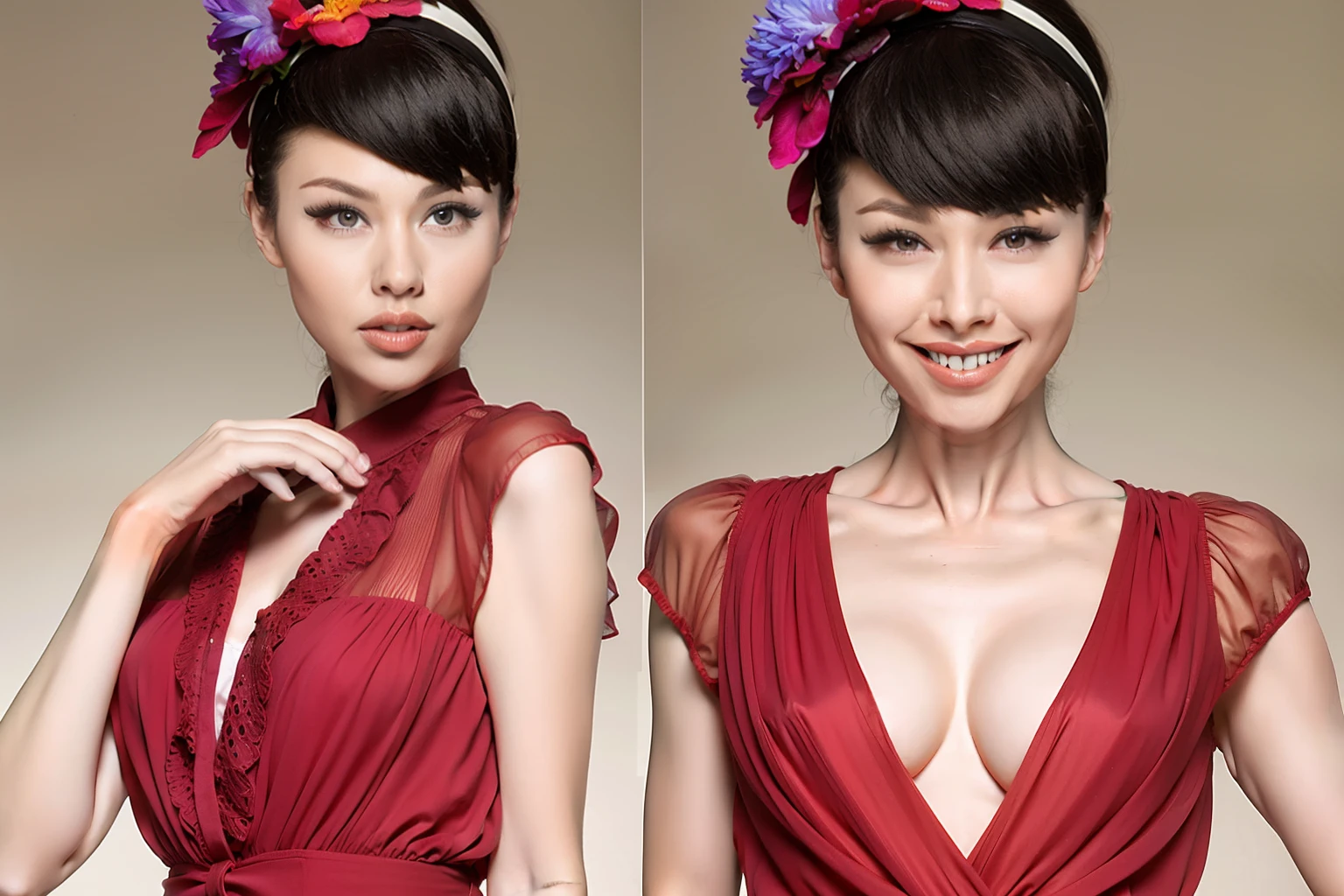 Fashion model 25 years old [[[[closeup cleavage]]]], [[[[boobgasm]]]], [[[[coll]]]], [[[[bshoulders]]]], perfect  eyes, Perfect iris，Perfect lips，perfect teeth，Perfect skin，Long face，hdr，Movie girl,huge tit，Casual，Red in the background，Pink flowers，（pastel colour：1.2）