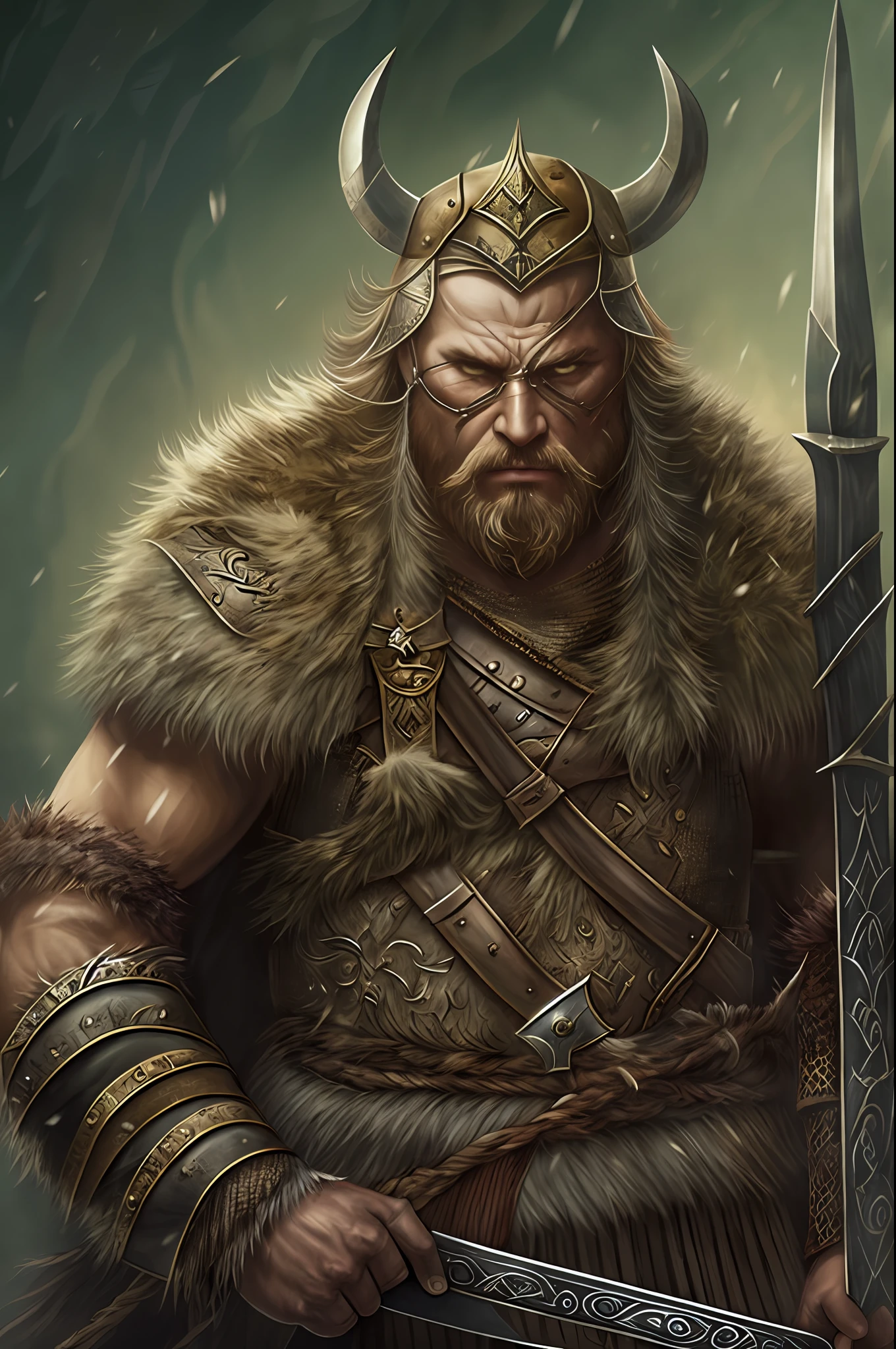 A fierce and mighty Viking warrior, a berserker, with unruly hair and battle scars on his face, donning bear fur as armor and clothing, ready for war in the Saxo-Roman period. Fierce Viking warrior, Berserker, Mighty strength, Unruly hair, Battle scars, Bear fur armor, Saxo-Roman period, Nordic style, Battle-ready, Fearless, Warrior cults, Bare-chested, Armed, Helmets, Fur clothing, Historical, Nordic, Frenzied, Intense.