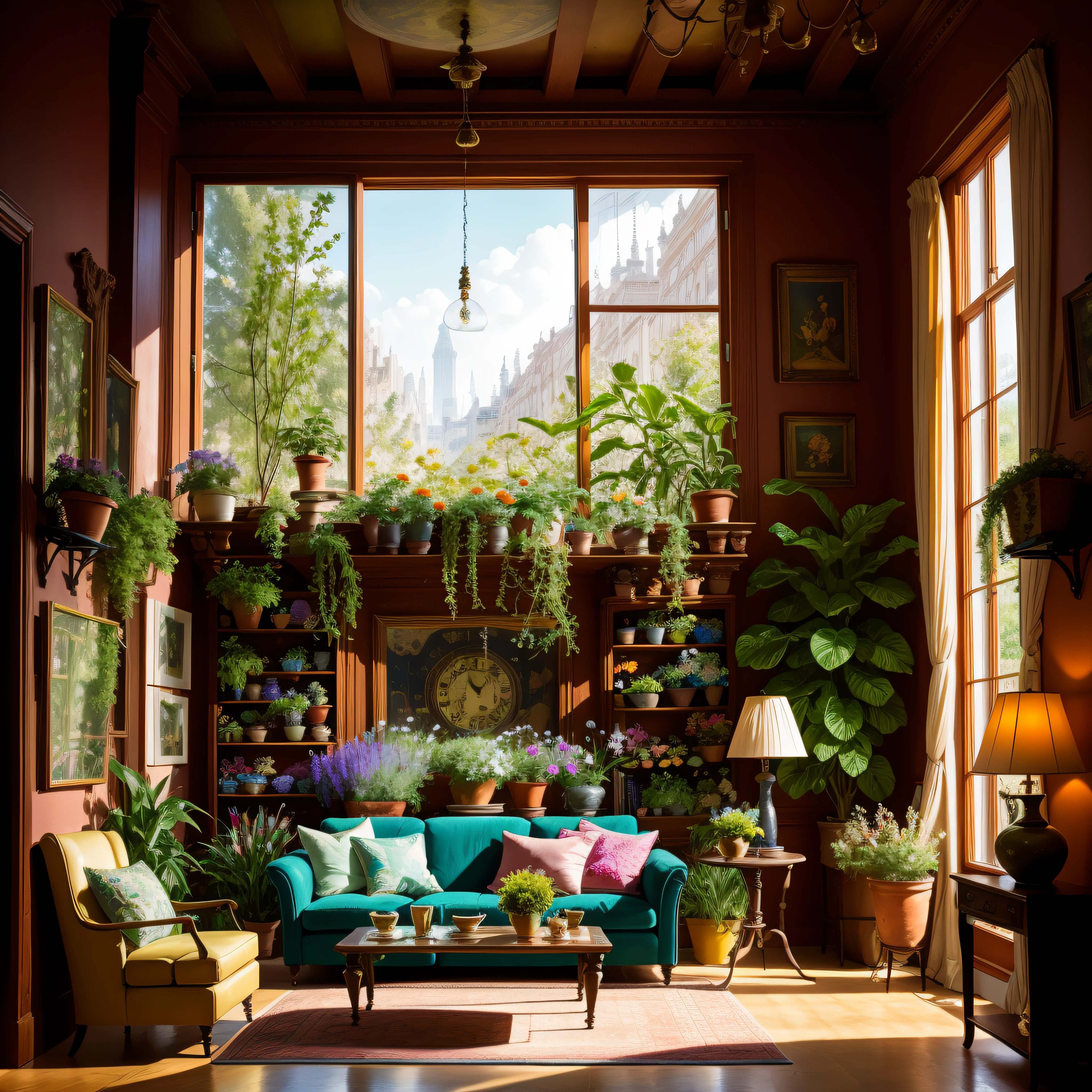 Architectural Digest photo of a maximalist green {vaporwave/steampunk/solarpunk} living room with lots of flowers and plants, golden light, hyperrealistic surrealism, award winning masterpiece with incredible details, epic stunning