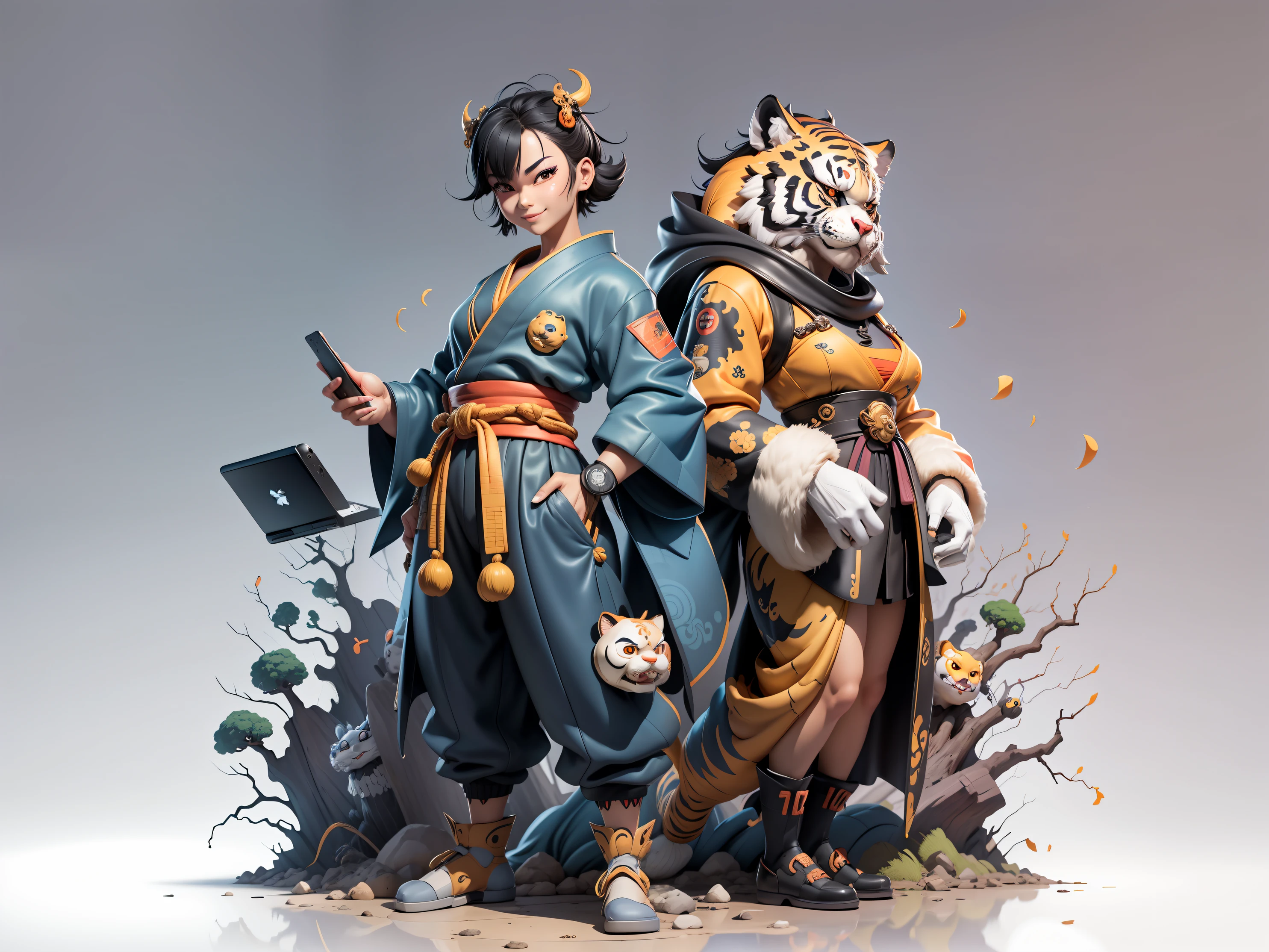 (Masterpiece), (Extreme Quality), (Super Meticulous), (Full Body: 1.2), Super Young Woman, Japanese Female Geisha, Beauty, Chinese Dragon, Tiger, Fengshen Thor, Sexy, Bursting, Oriental Face, TV Anchor, Bust Portrait Illustration, Alone, Black Suit, Blue Tie, Slightly Chubby, Very Clean Face, No Beard, Black Super Short Hair, Black Eyes, Confident Smile, 3c Computer Sub-Products, iPad, iPhone, Digital Painting, 3D character design by Mark Clairedon and Pixar and Hayao Miyazaki and Akira Toriyama, the illustrations are HD illustrations in 4K resolution with highly detailed facial features and cartoon-style visuals.