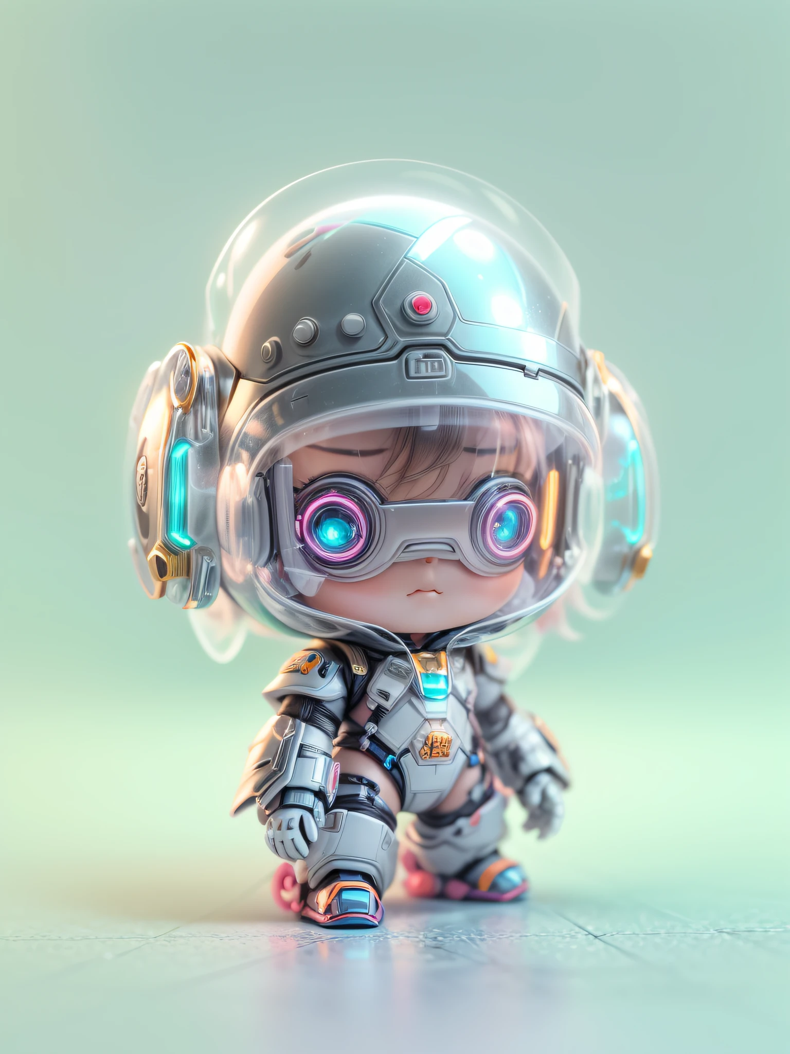 (blind box toy style:1.2), (Full Body Shot) , 1 Transparent cute wizard, Transparent mecha, Exquisite Helmet:1.2, glowing goggles:1.2, Cyberpunk, Dreamy Glow, Luminous neon lamp, clean, white background, ( Global illumination, raytracing, HDR, unreal render,reasonable design, high detailed, masterpiece, best quality, UHD, Cinematic Lighting)