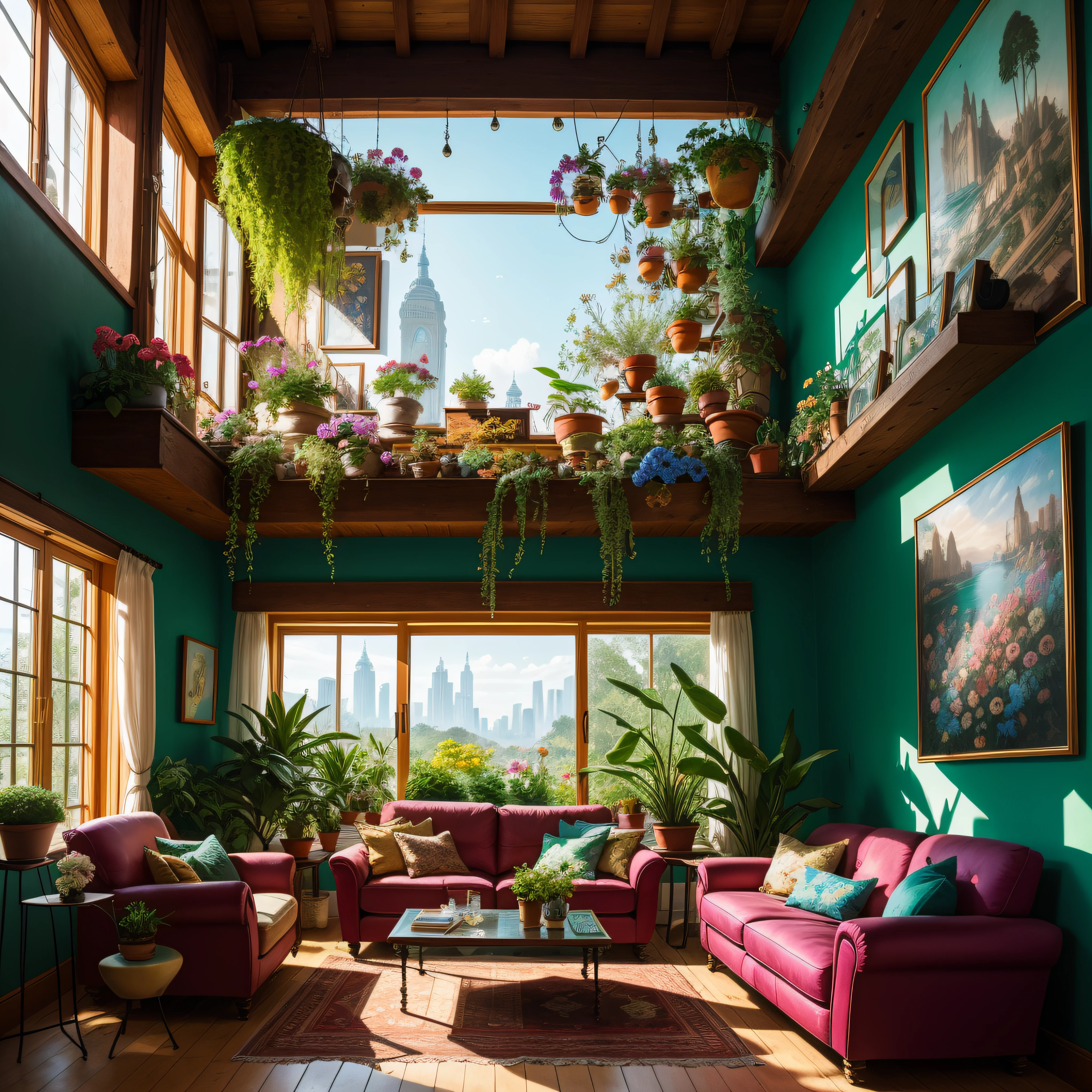 Architectural Digest photo of a maximalist green {vaporwave/steampunk/solarpunk} living room with lots of flowers and plants, golden light, hyperrealistic surrealism, award winning masterpiece with incredible details, epic stunning