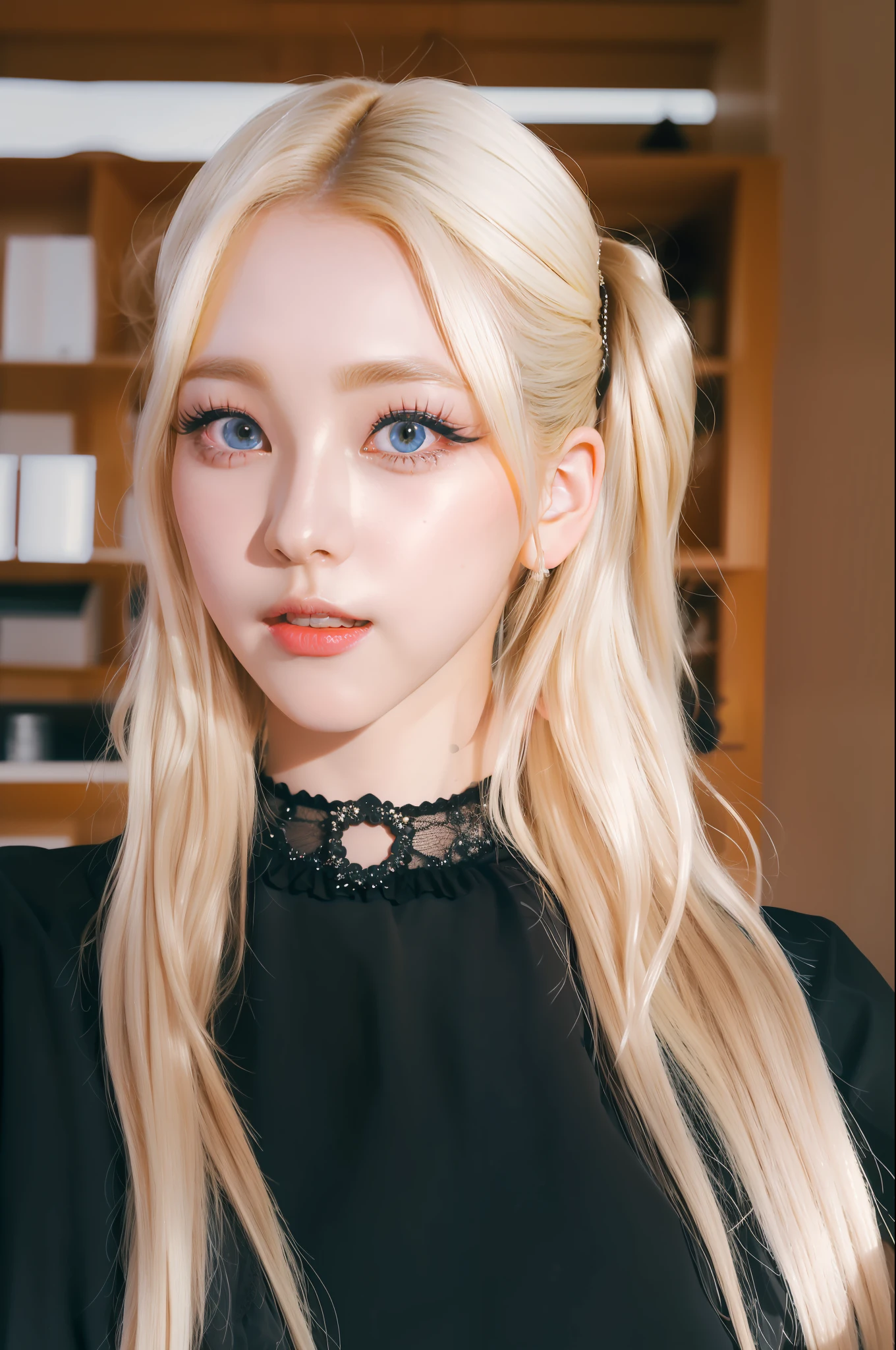 (8k, 4k, best quality, highres, ultra high res:1.1), (masterpiece, realistic, photo-realistic:1.1), 1girl,  face, close-up, twintails, blonde hair, black eyes, red lips,  (looking at viewer:2), absurdly long hair, long eyelashes, eyeshadow,  small face, big eyes,
bare shoulders,
high contrast,