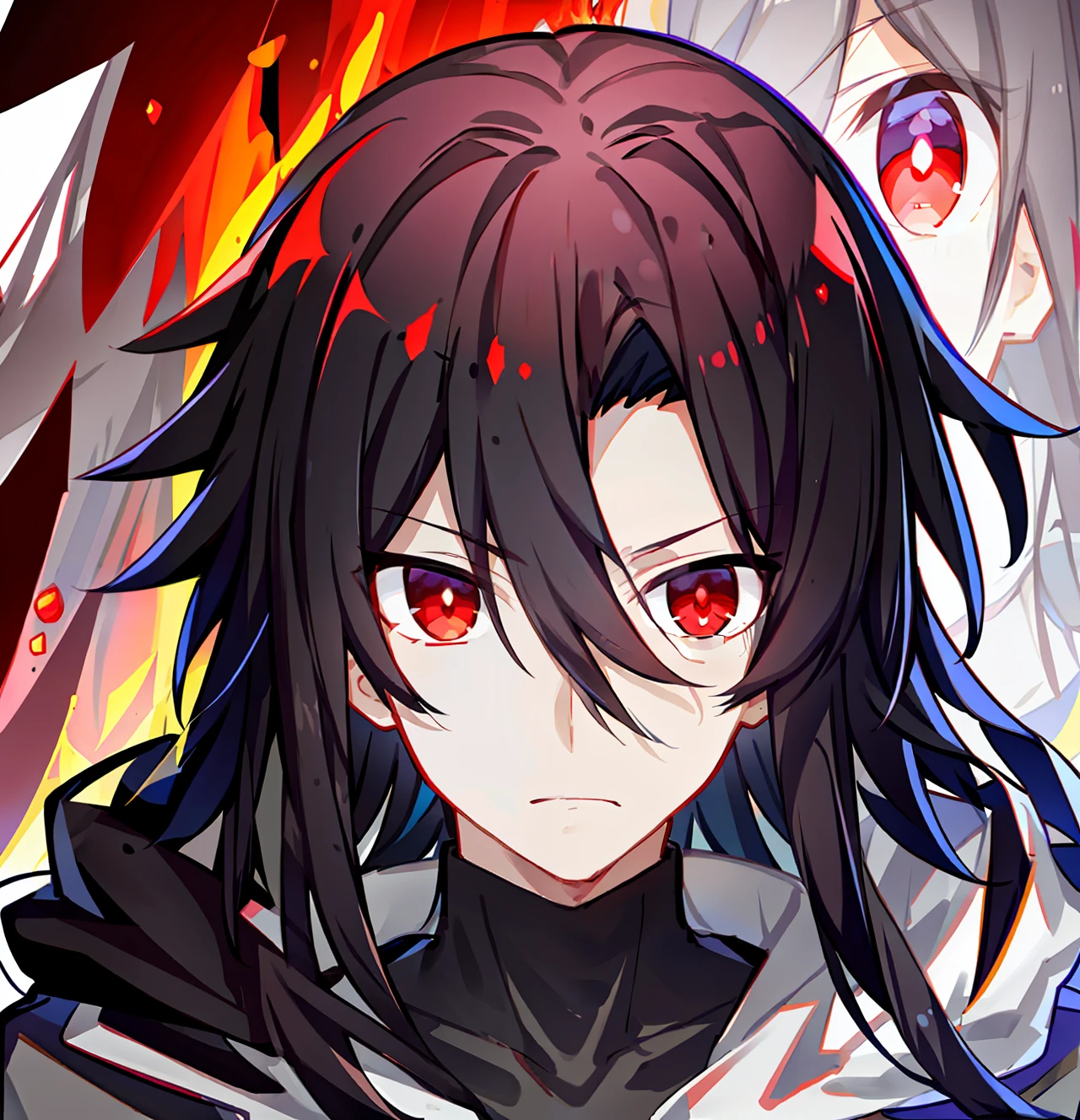 black color hair,Mature adult male with red eyes,The eyes are cold,The expression is cold,The expression is serious