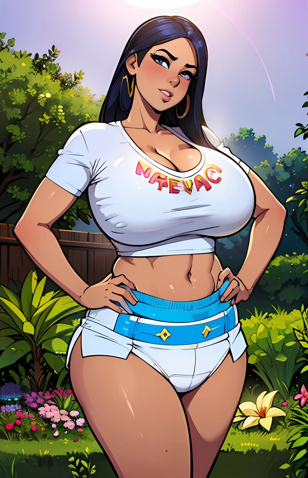 Sexy latina woman, wearing (short skirt), bulky diaper, diapered, beautiful shirt, pleasure, colorful, fantasy, (magic), (magical fog), mature, (big breasts), wide hips, blushing, blonde, big lips, bimbo, long lashes, (confident), atmospheric, (mood lighting), (confident), seductive, (sissy), Spanish gardens, sunlight, (outdoor garden), inflatables