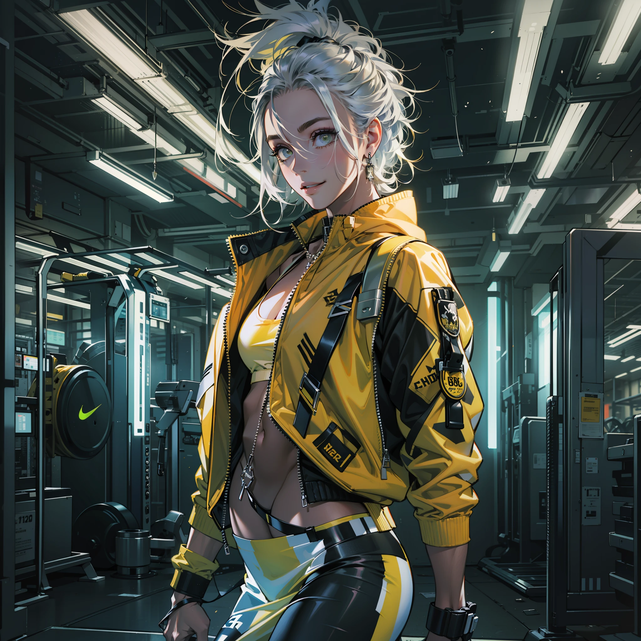 Best quality,tmasterpiece,Ultra-high resolution fills the picture,Indoor at night,the night,Indoor neon lights,Yellow color scheme,Rich egg yellow,Silvery-white hair,Yellow and black tights,Yellow and black color scheme clothing,Sporty skirts,the complex background,Gym interior background,Weight instruments in the background,High-tech screen in the background,Lateral face,Smiling,Dress less,There are fitness elements in the rear,nike,nike,nike,Tech gym,Perfect makeup,Love eyes,8K quality,Cyberpunk,sense of science and technology,Character backlighting,rim-light,Movement changes,Flowing hairstyle,Loose hairstyle,The number of fingers is refined,Full body in camera,9 doppelganger diagram,Luminous stud earrings,Luminous digital necklace,Electronic digital watches,The most beautiful girl in mankind,Delicate close-up of the face,Realistic image quality,Super light and shadow,Very good figure,Meticulous,Arrow symbol,Brand sense,English slogan neon,Runway lights,Fitness gym at night,Very good figure,Raised sexy,luminous,Faraway view,Full body in camera,独奏,There is only one character,femele