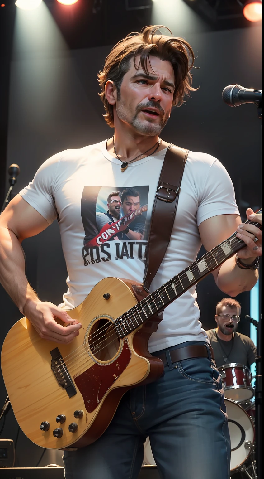 Create a crisp image of a talented middle-aged country singer, usando botas de couro e uma camisa xadrez, enquanto dedilha habilmente as cordas da guitarra, conveying all the excitement of the song to your fans around.