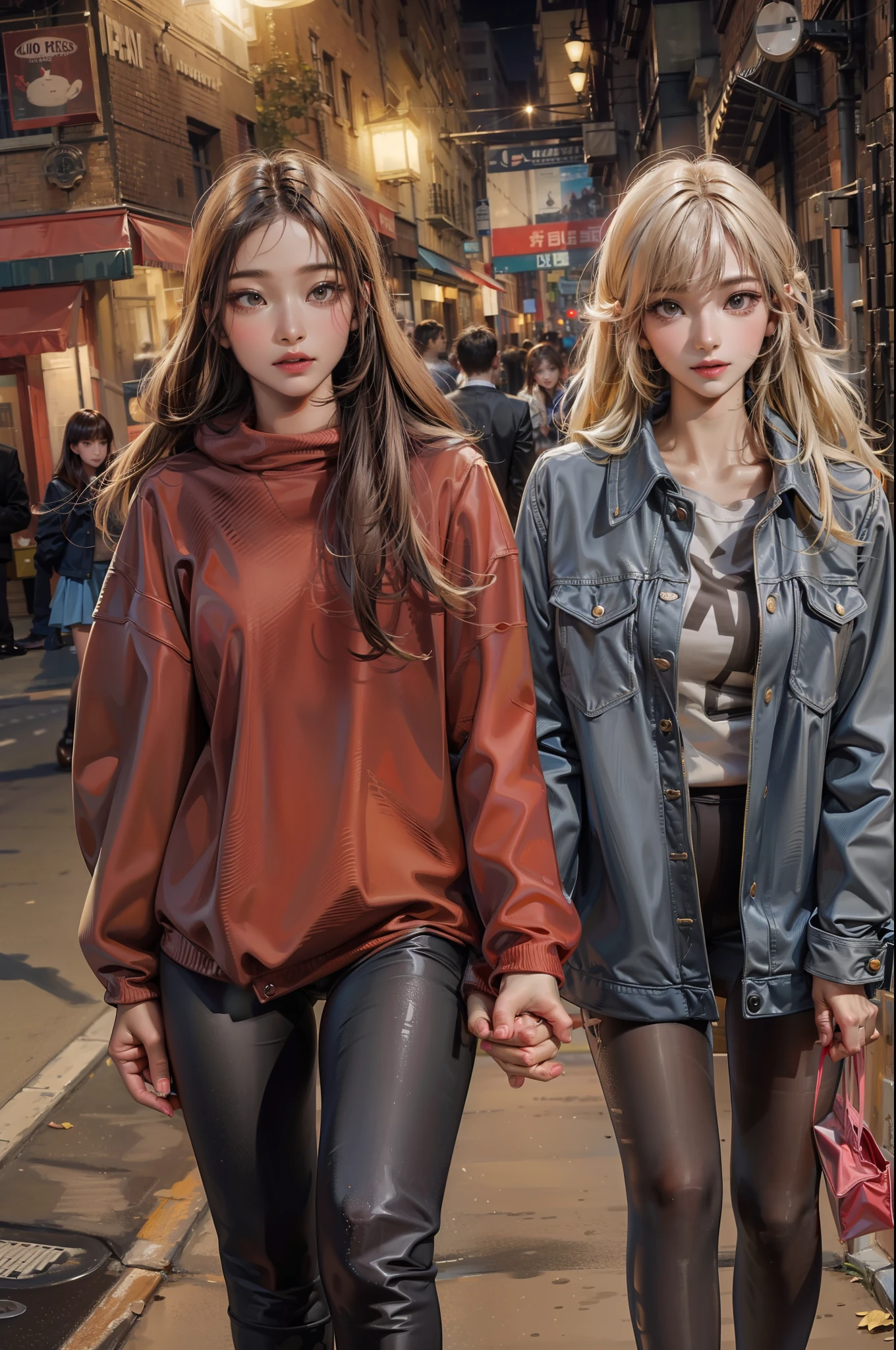 A medium shot of a beautiful young woman and her sister even more impressive. The two are together holding hands strolling down a New York street on a Saturday night on their way to party areas.....................