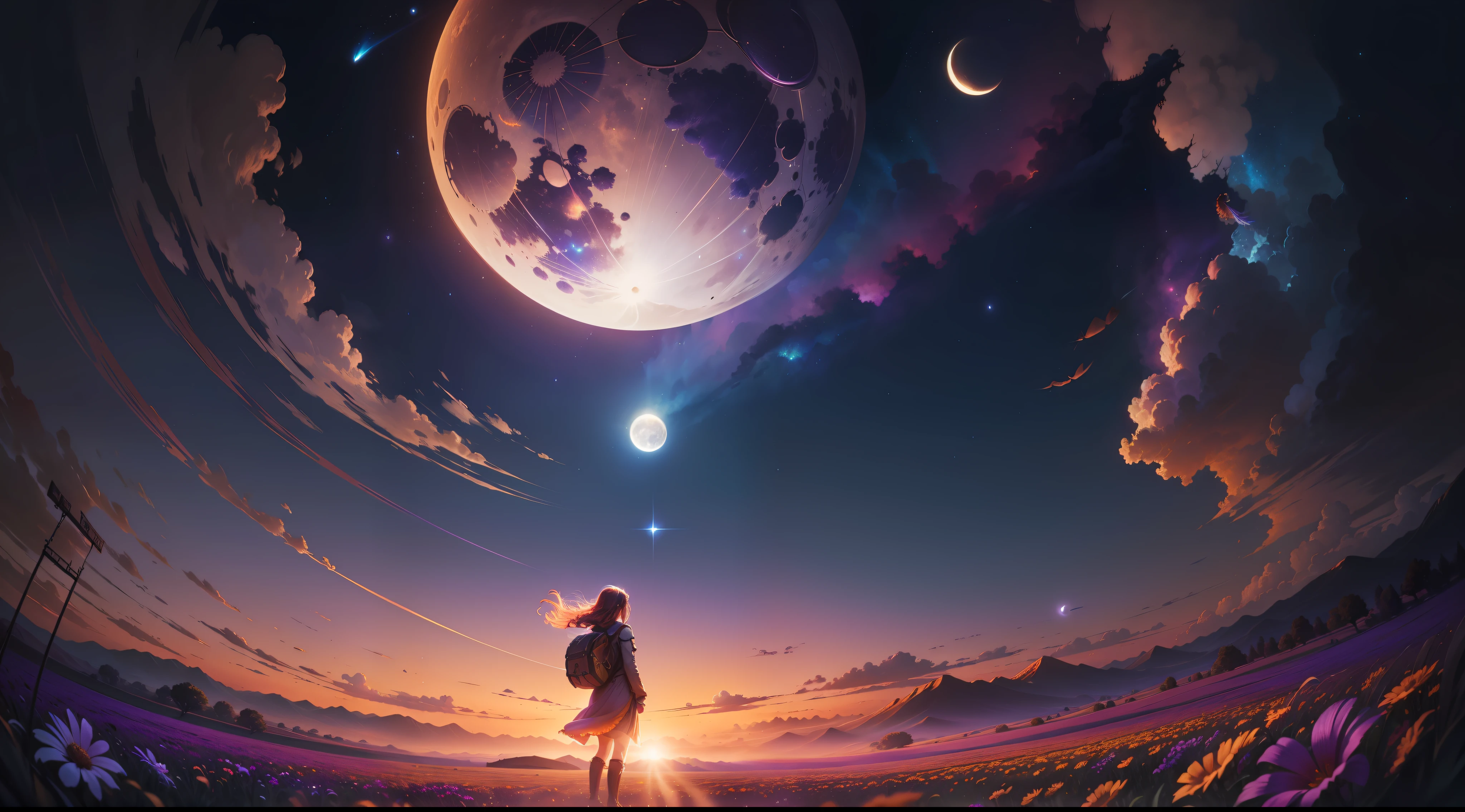 A wide landscape photo, (viewed from below, the sky is above, and the open field is below), a girl standing on a flower field looking up, (full moon: 1.2), (meteor: 0.9), (nebula: 1.3), distant mountains , Trees BREAK Crafting Art, (Warm Light: 1.2), (Firefly: 1.2), Lights, Lots of Purple and Orange, Intricate Details, Volumetric Lighting BREAK (Masterpiece: 1.2), (Best Quality), 4k, Ultra Detailed, (Dynamic Composition: 1.4), Rich in Detail and Color, (Rainbow Color: 1.2), (Glow, Atmospheric Lighting), Dreamy, Magical, (Solo: 1.2)