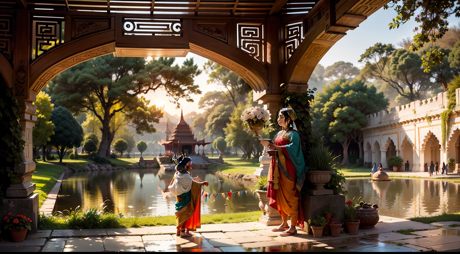 In a picturesque village surrounded by vibrant mandirs, majestic trees, and a serene river, an enchanting scene unfolds. The air is filled with the joyful laughter of children playing in the quaint streets, their innocent spirits intermingling with the timeless beauty of indian Bagan.Standing tall and emanating a regal aura is the Queen, positioned atop a mandir, gazing out towards the flowing river as the sun begins its descent. As the sky transforms into a breathtaking masterpiece, hues of blue and orange weave together, casting a mesmerizing glow over the entire landscape.A gentle breeze dances through the Queen's long brown hair, causing it to sway gracefully in tandem with nature. Adorned in a resplendent red cloak, she radiates elegance and power, a true embodiment of her noble status. Resting upon her head rests a golden crown, symbolizing her rightful place as the ruler of this magnificent realm.Amidst this captivating panorama, nature's inhabitants also partake in the tranquility. In the distance, elephants and horses roam freely, their majestic presence further enhancing the grandeur of the scene. They graze upon the lush, green grass, forming a harmonious connection with the land. The mandir themselves stand as proud guardians of india's rich history and culture. Elaborate carvings and intricate decorations adorn their surfaces, showcasing the artistic skill and craftsmanship of generations past. These architectural wonders serve as a testament to the legacy left behind by those who revered this land and its traditions.As the sun's final rays cast a warm, golden glow, the Queen breathes in the stillness of this idyllic moment. Surrounded by the beauty of nature and the rich heritage of her people, she feels a profound sense of belonging. In this extraordinary setting, she stands as both a guardian and custodian of the timeless splendor that is india's Bagan.