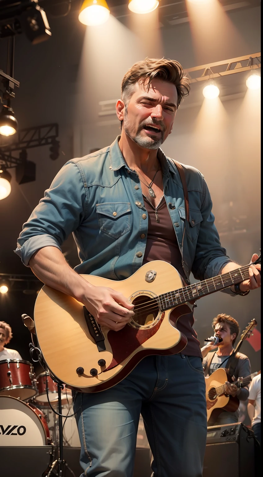 Create a crisp image of a talented middle-aged country singer, usando botas de couro e uma camisa xadrez, enquanto dedilha habilmente as cordas da guitarra, conveying all the excitement of the song to your fans around.