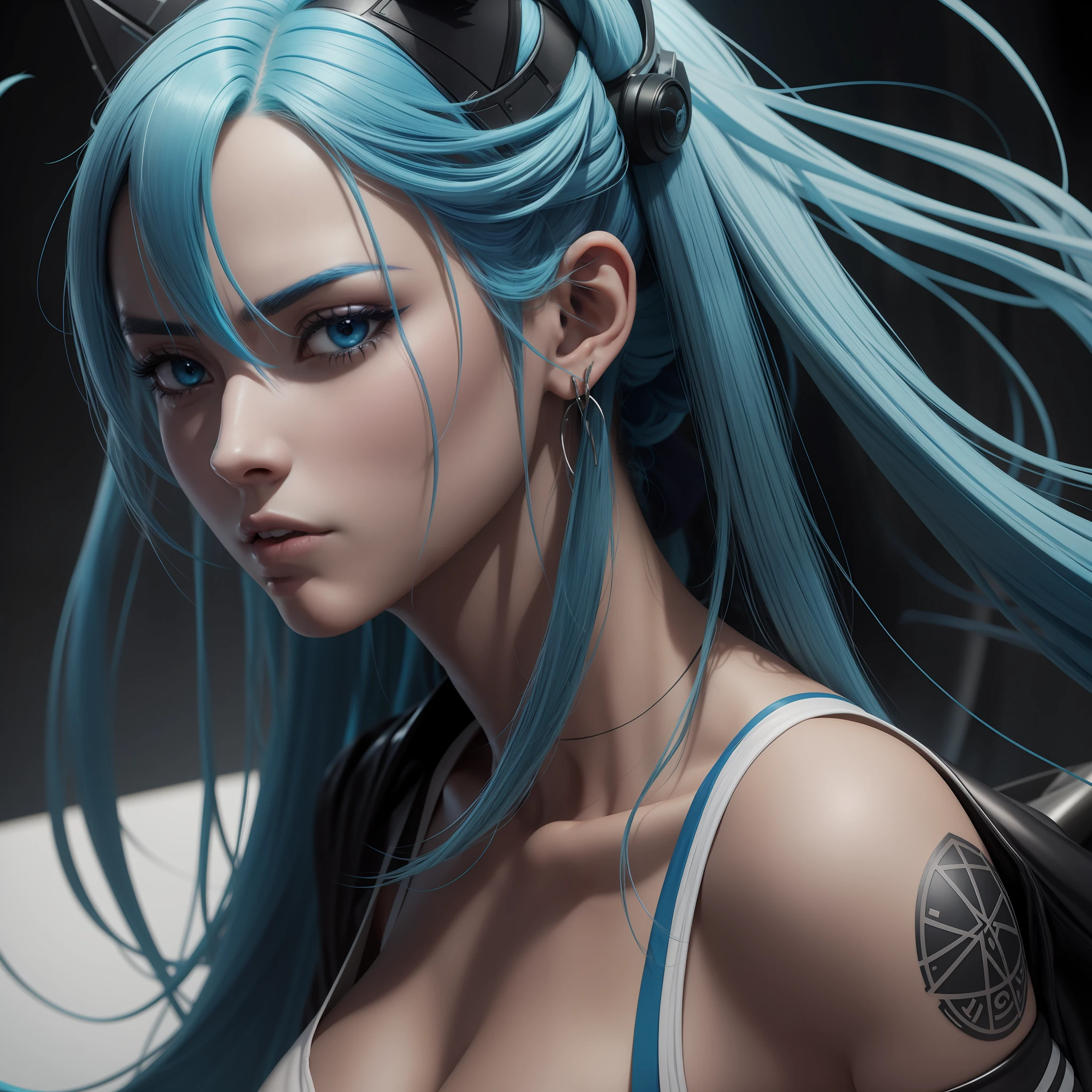 Anime character with blue hair and black eyes in a white area, Loba Andrade de Apex Legends, Wraith de Apex Legends, duna, estilo fantasia 8 k octane render, Personagem close up, Retrato do Paladino Feminino, Retrato de Jinx de Arcane, cinematic bust shot, Personagem de close up, Closeup da arte do personagem, close-up do personagem, detailed cinematic shot, (corpo todo), roupa normal