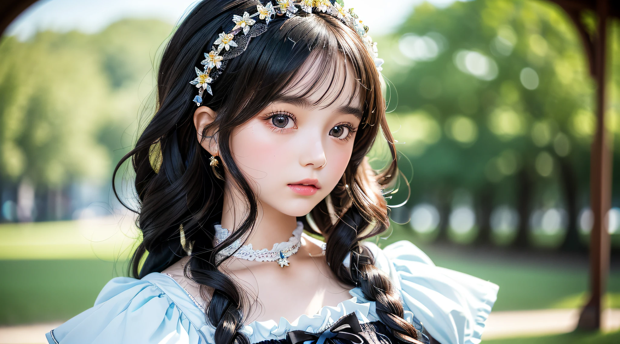best quality, ultra hi res, photoreaslistic, a photography of a beautiful woman, young girl, detailed face, black Curly hair with layers, (detailed porcelain doll,delicate clothes with a lot of frills and ribbons), Historical landmark, (face close up), seductive look, looking at viewer