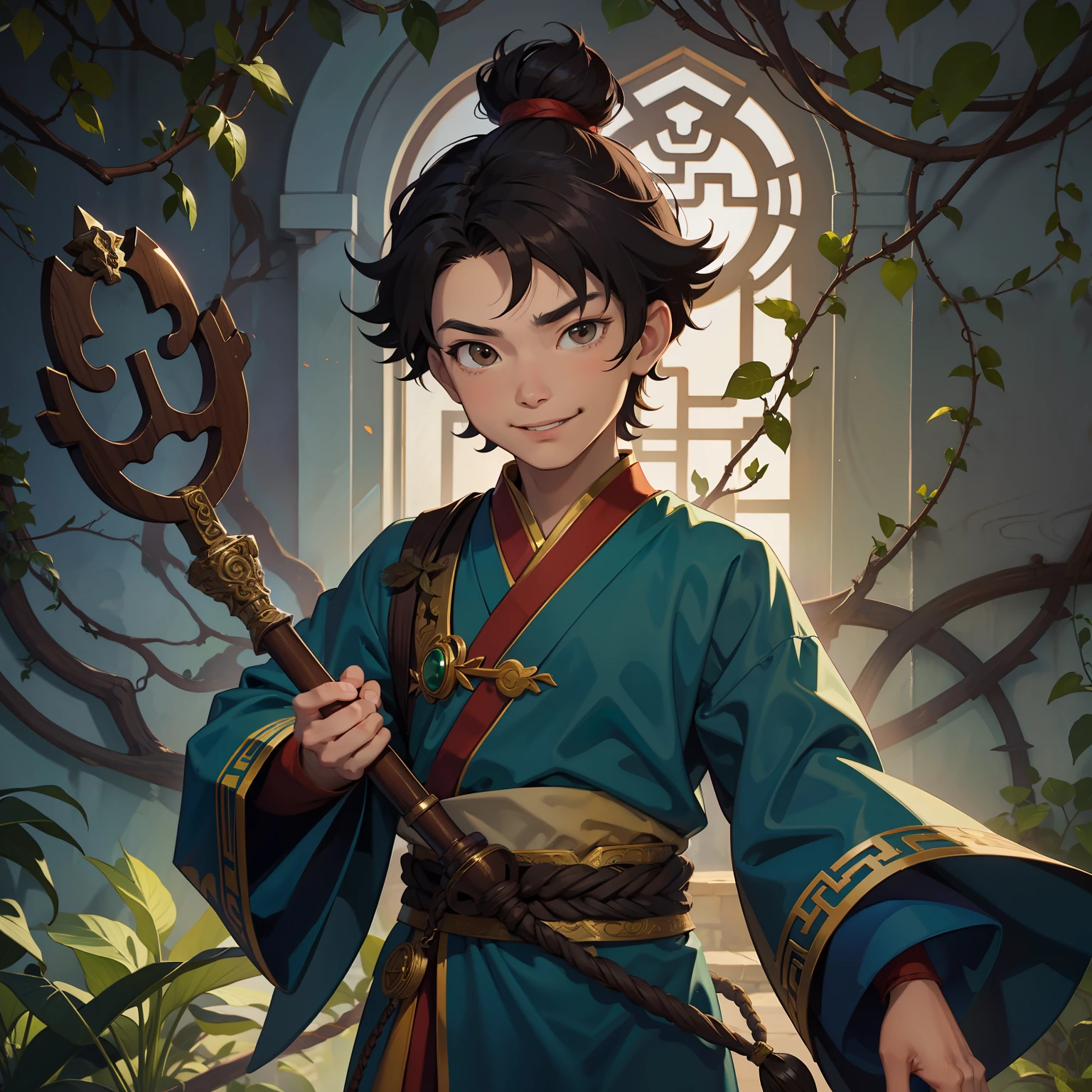 Single person,Frontal heads-up lens, Chinese style cartoon little boy,,Has a handsome and cute face, wearing brown robes,Holding a wooden scepter with auspicious clouds,Flying vines wrapped tightly around his body,Vines are worn on the head,There are green leaves,A smile, Radiant expression, a two-dimensional style, Q version, A half body, frontage,magical, Immortal heroes,Smart