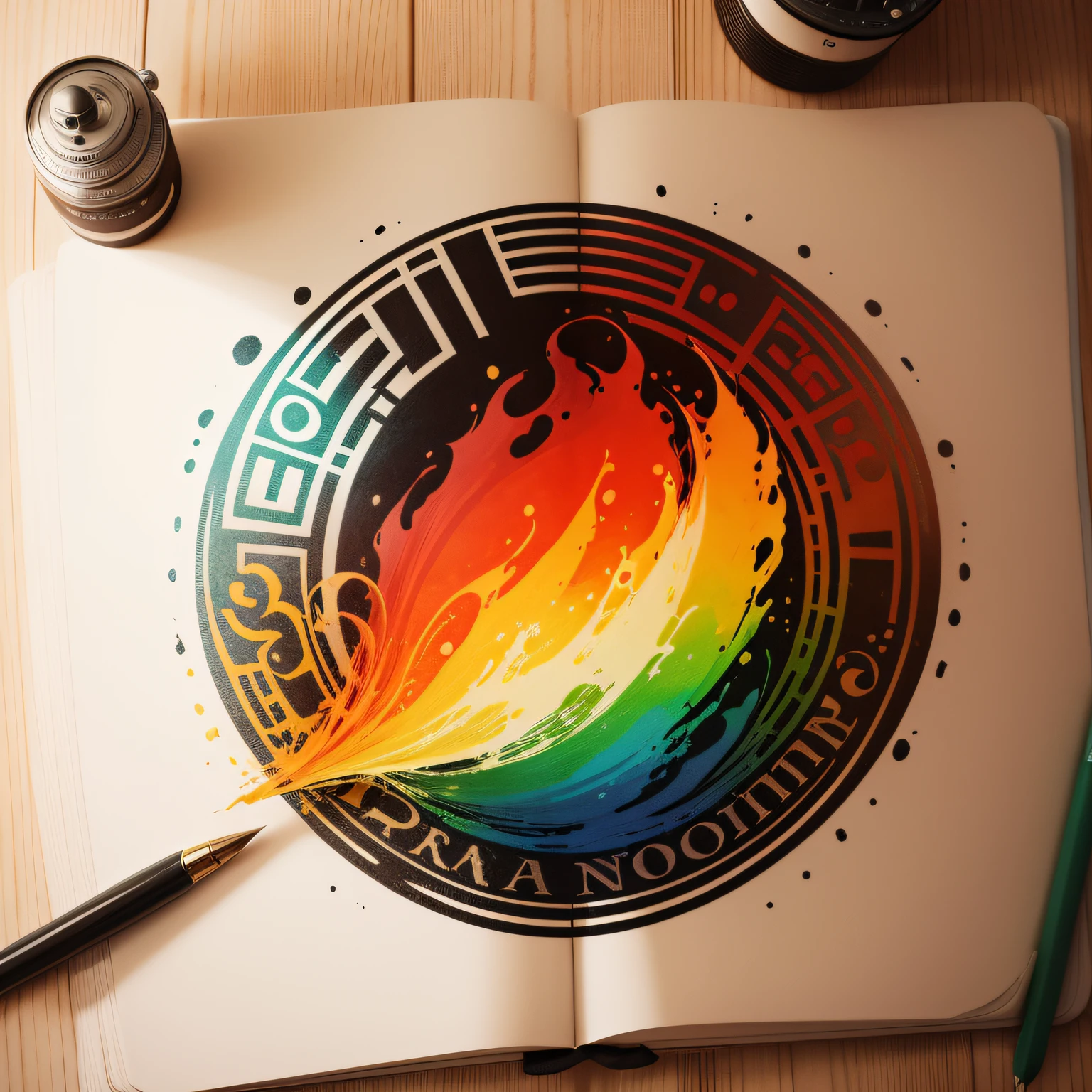 Logotipo com um livro aberto e elementos culturais dentro dele, como notas musicais, Art brushes and a camera, representing the different forms of cultural expression