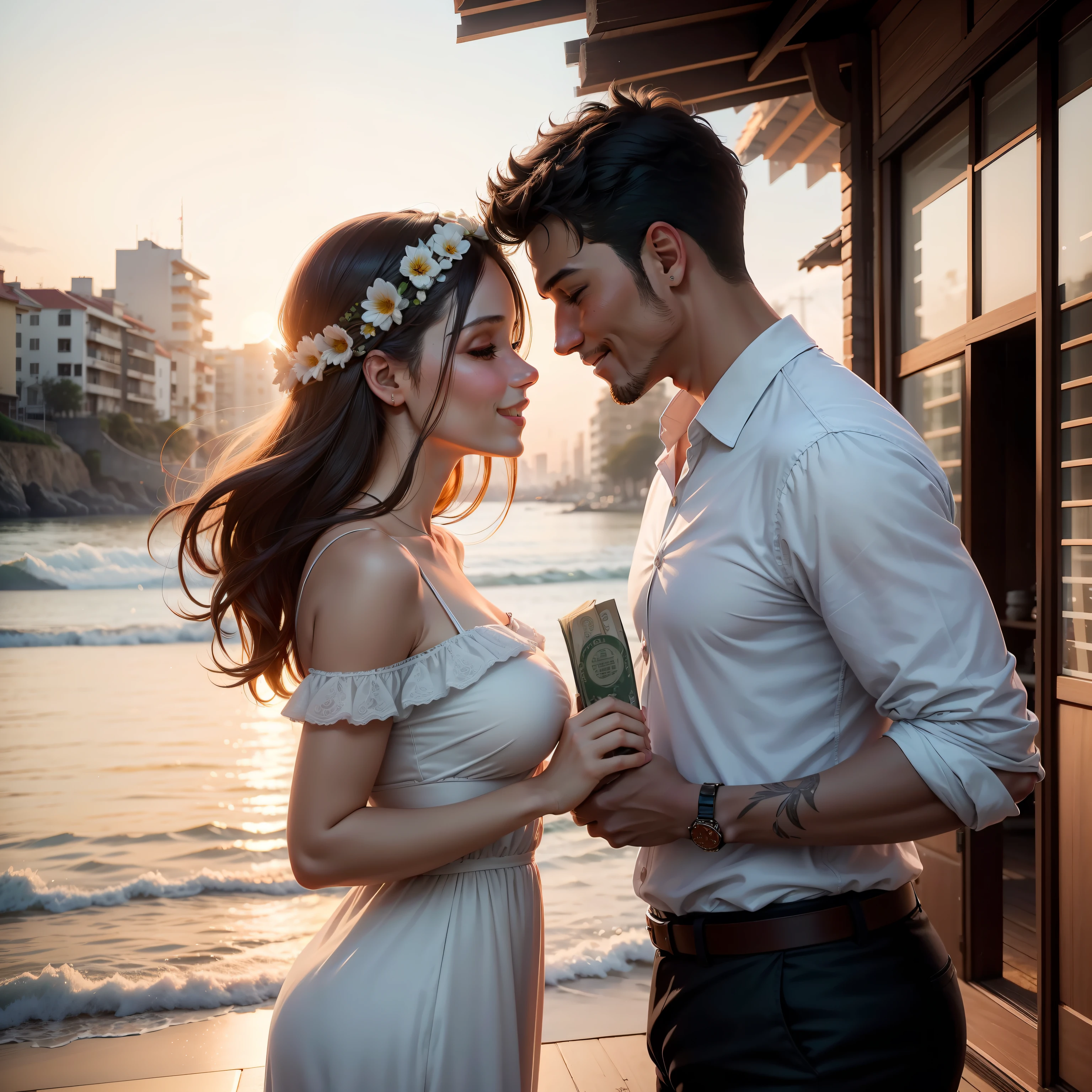 A romantic photograph depicting a couple of lovers holding a wallet full of cash. The couple is smiling and looking at each other fondly, demonstrando seu amor e cumplicidade. The wallet is full of cash notes, simbolizando a prosperidade financeira que eles compartilham juntos.

The setting can be chosen according to the desired style. Pode ser um ambiente urbano, com uma cidade movimentada ao fundo, or a quiet and romantic location, like a park or beach at sunset.

As cores da fotografia podem ser suaves e quentes, enhancing the loving atmosphere of the moment. O enquadramento pode focar nos rostos do casal e na carteira de dinheiro, highlighting the connection between them and the importance of prosperity in their lives.

Essa fotografia captura um momento especial na vida do casal, representing not only the joy of love, but also the financial security they share, Building a future together with confidence and happiness. --ar 16:9 --v 5